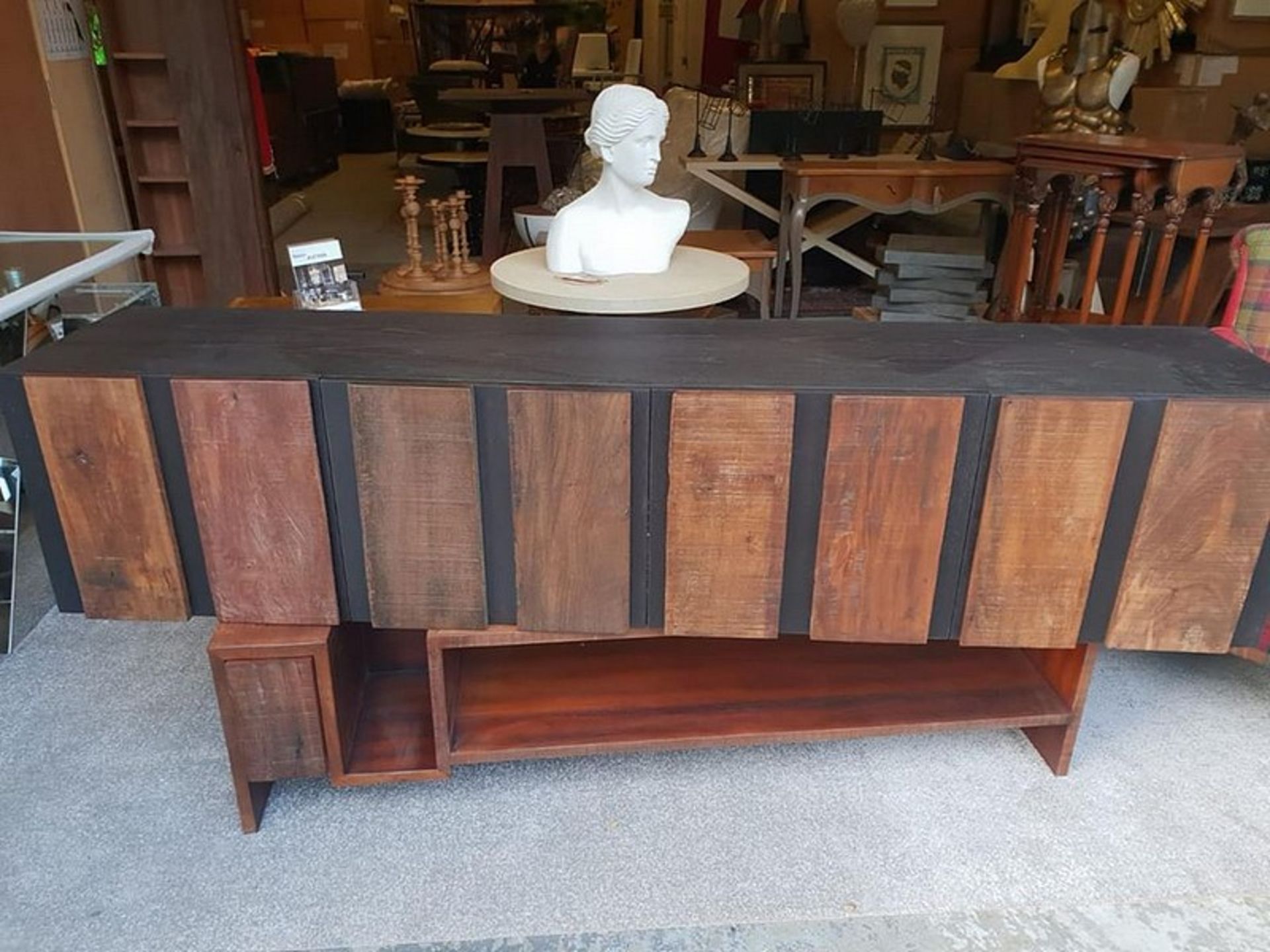 Sideboard - Santos 4 Door Media Console Credenza Finished In Brazilian Peroba Wood & Black Oak