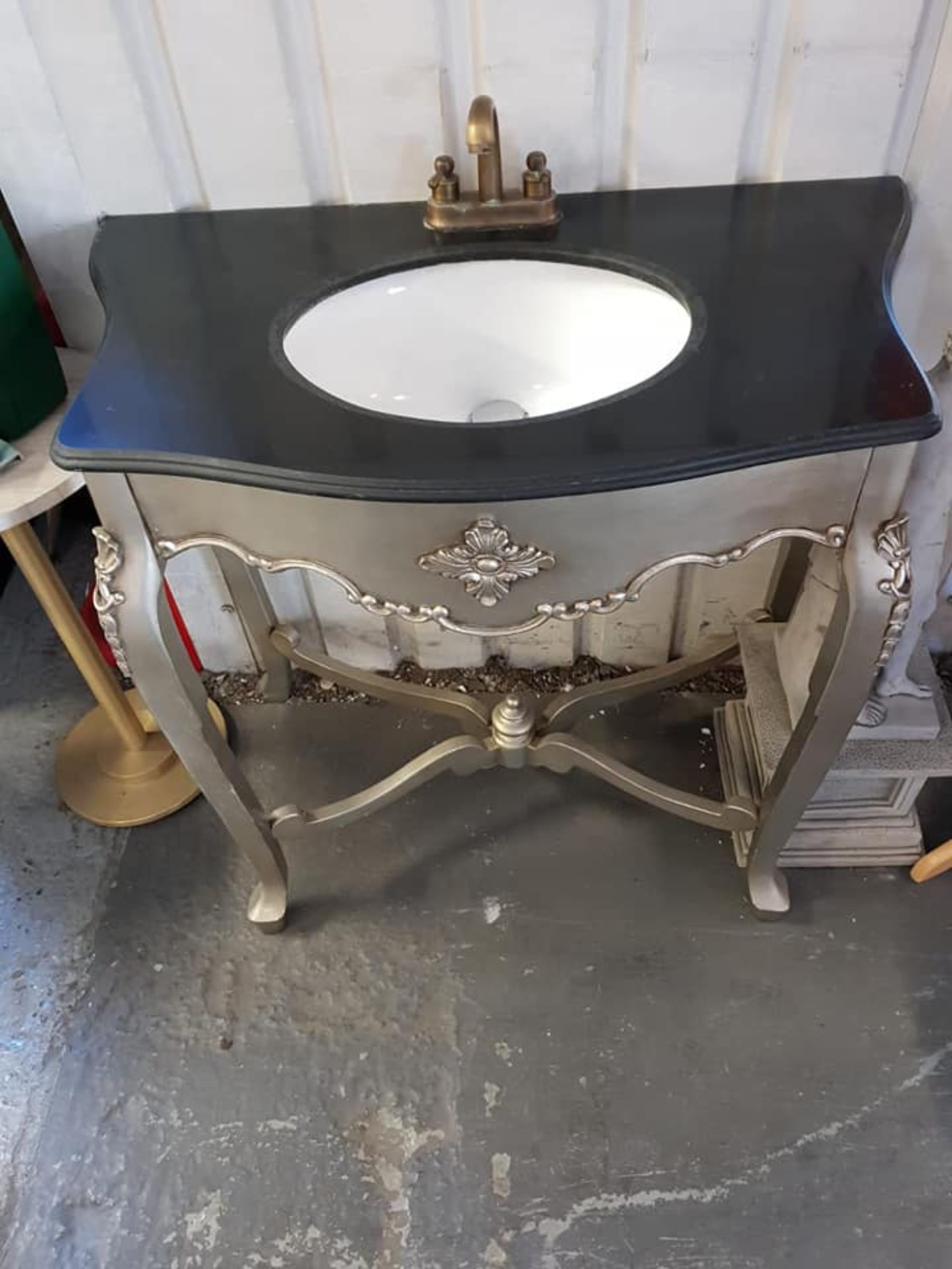 Vanity Hand Wash Basin Mounted on Gold Painted Ornate Wooden Structure with Black Marble Top & Brass