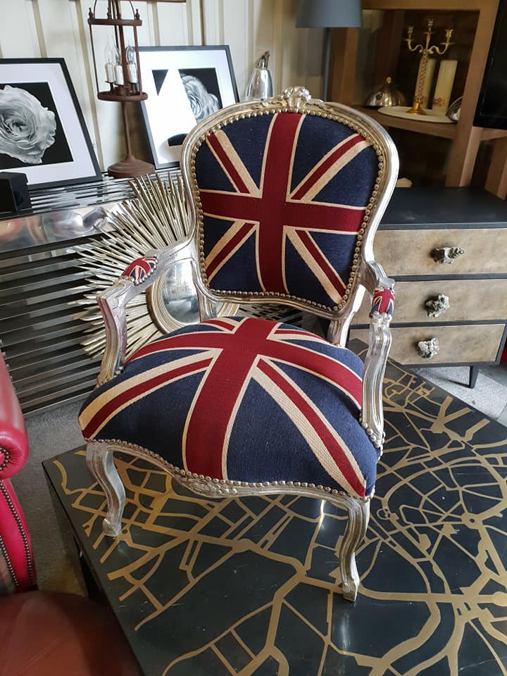 Carver Chair Union Jack Silver Frame with Cotton Union Jack Padded Seat & Back with Stud Pins - Image 2 of 5