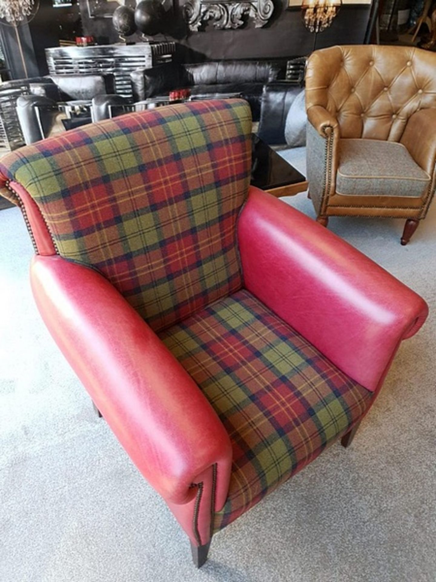 Chairs Ingleton Leather Armchair Tweed Twist Check Wool Face And Back Rest With Leather Arm And