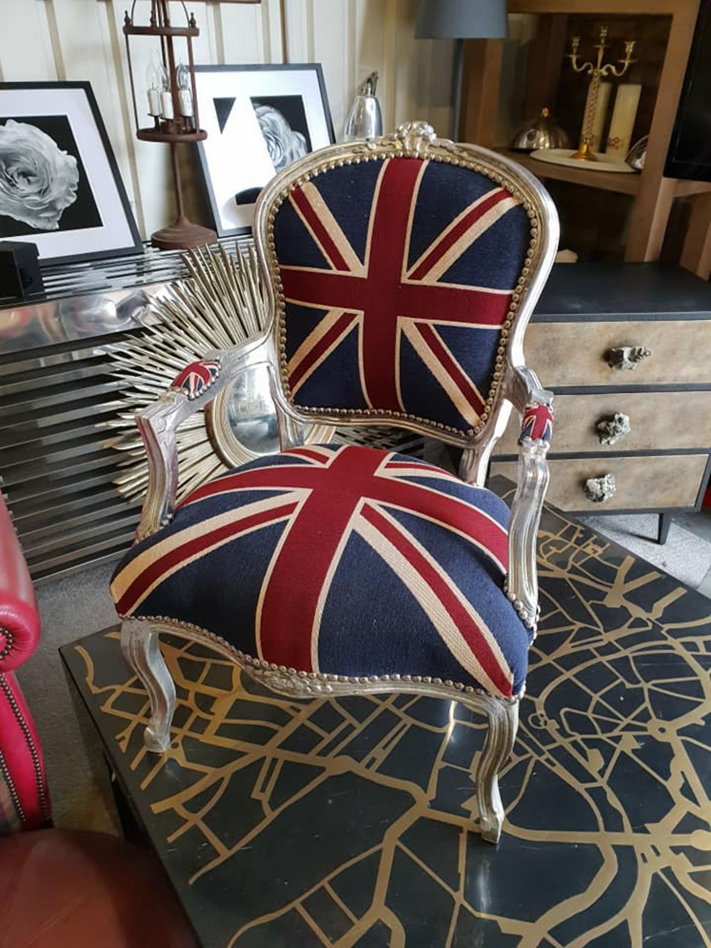 Carver Chair Union Jack Silver Frame with Cotton Union Jack Padded Seat & Back with Stud Pins Width - Image 2 of 5