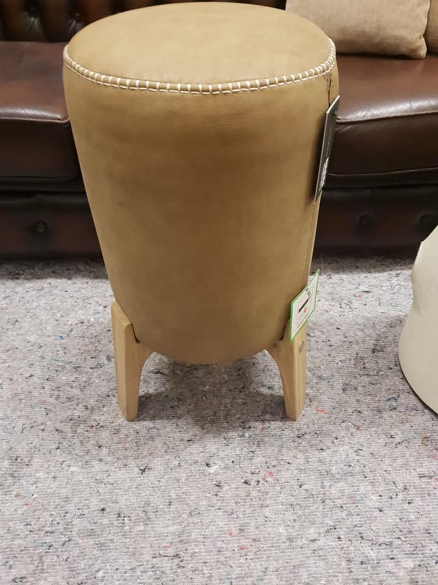 Stool - Bleu Nature Drum Stool With New Stitch Large Pawnee Tan Leather and Brown Nibbed Oak 36 x 36