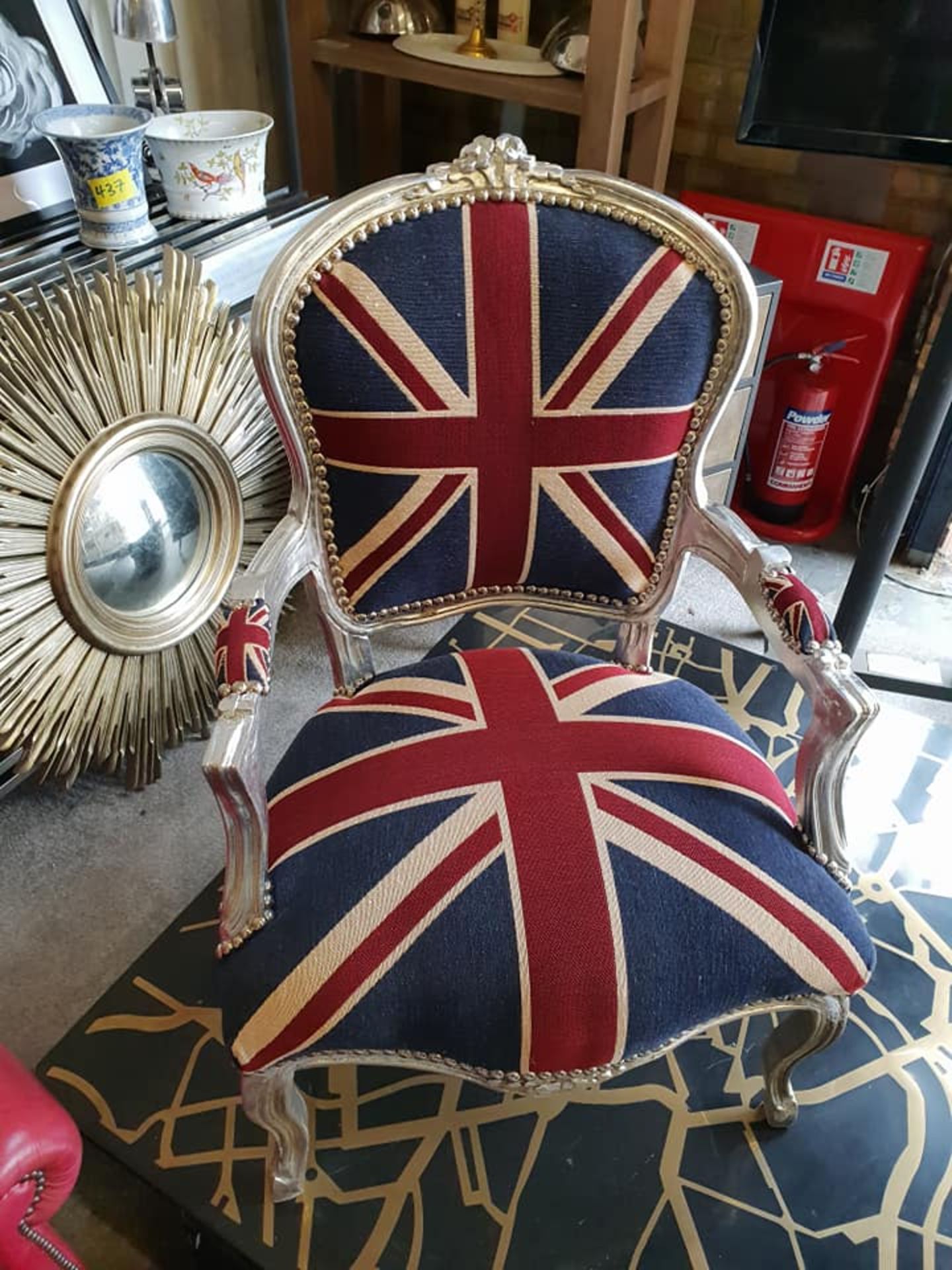 Carver Chair Union Jack Silver Frame with Cotton Union Jack Padded Seat & Back with Stud Pins Width