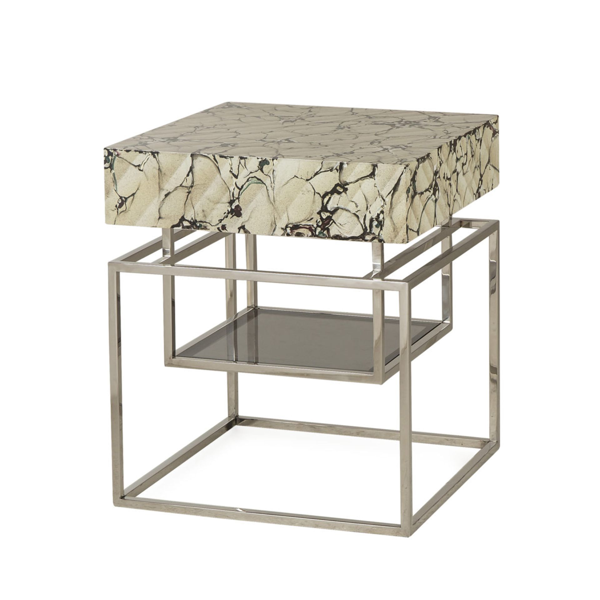 Italianate Side Table Accent End Table With Faux Italian Marbled Top, Grey Smoked Glass Shelf And