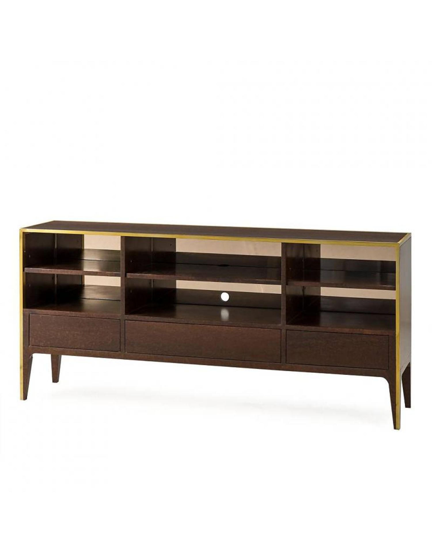 Silhouette Console Table Smoked Eucalyptus Veneer And Smoked Glass Combine With Walnut And Brass