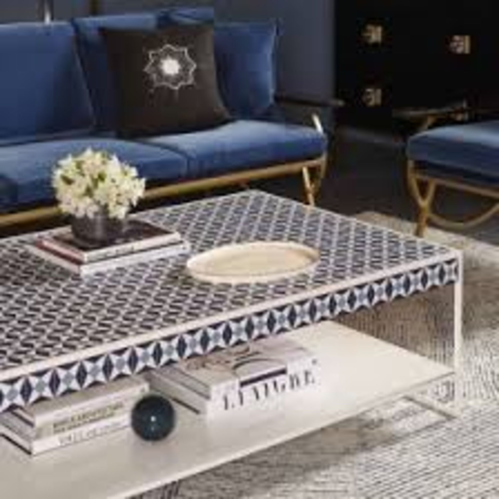 B Sofa Vana Blue Velvet A Contemporary Take On A Classic Form; Featuring An Antique Brass Frame,