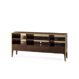 Silhouette Console Table Smoked Eucalyptus Veneer And Smoked Glass Combine With Walnut And Brass