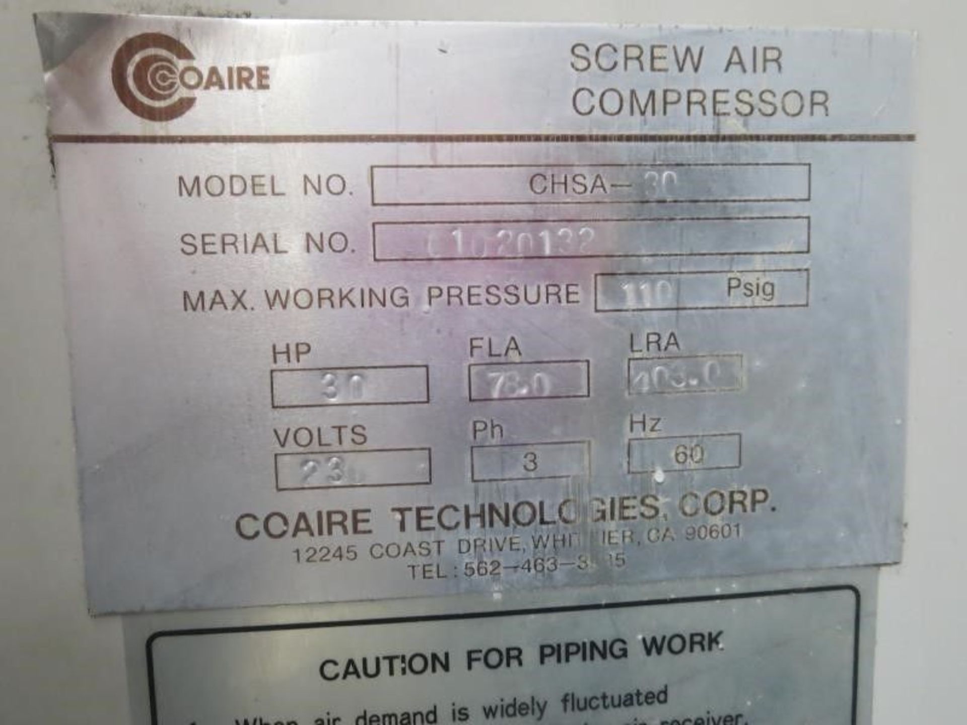COAIRE CHSA-30 30 HP ROTARY SCREW AIR COMPRESSOR 230V 110 Psig MAX. WORKING PRESSURE 30 HP 78.0 - Image 5 of 8