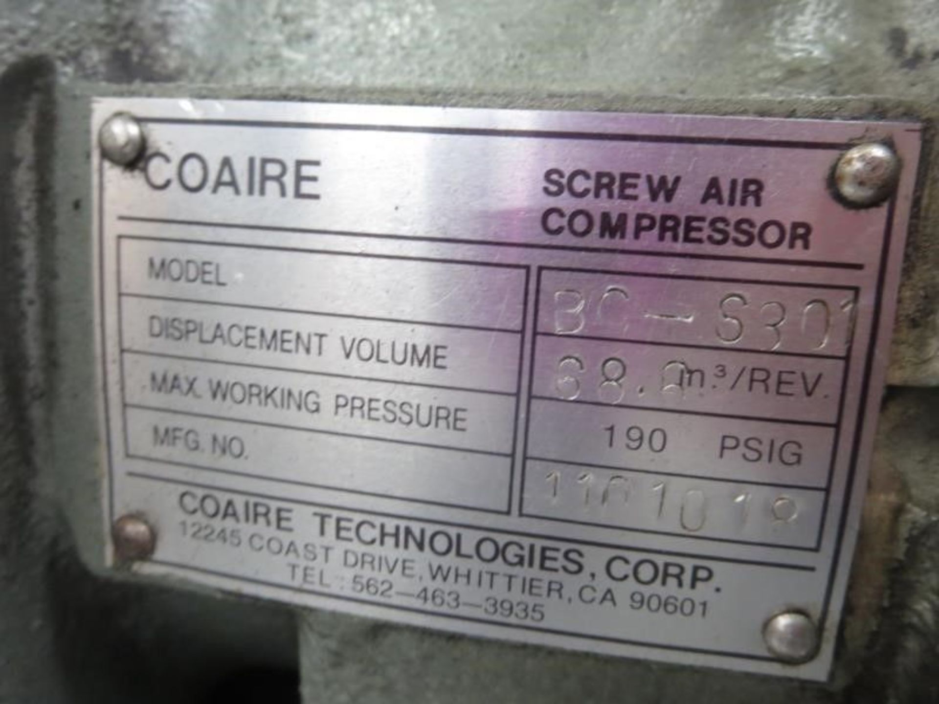 COAIRE CHSA-30 30 HP ROTARY SCREW AIR COMPRESSOR 230V 110 Psig MAX. WORKING PRESSURE 30 HP 78.0 - Image 4 of 8