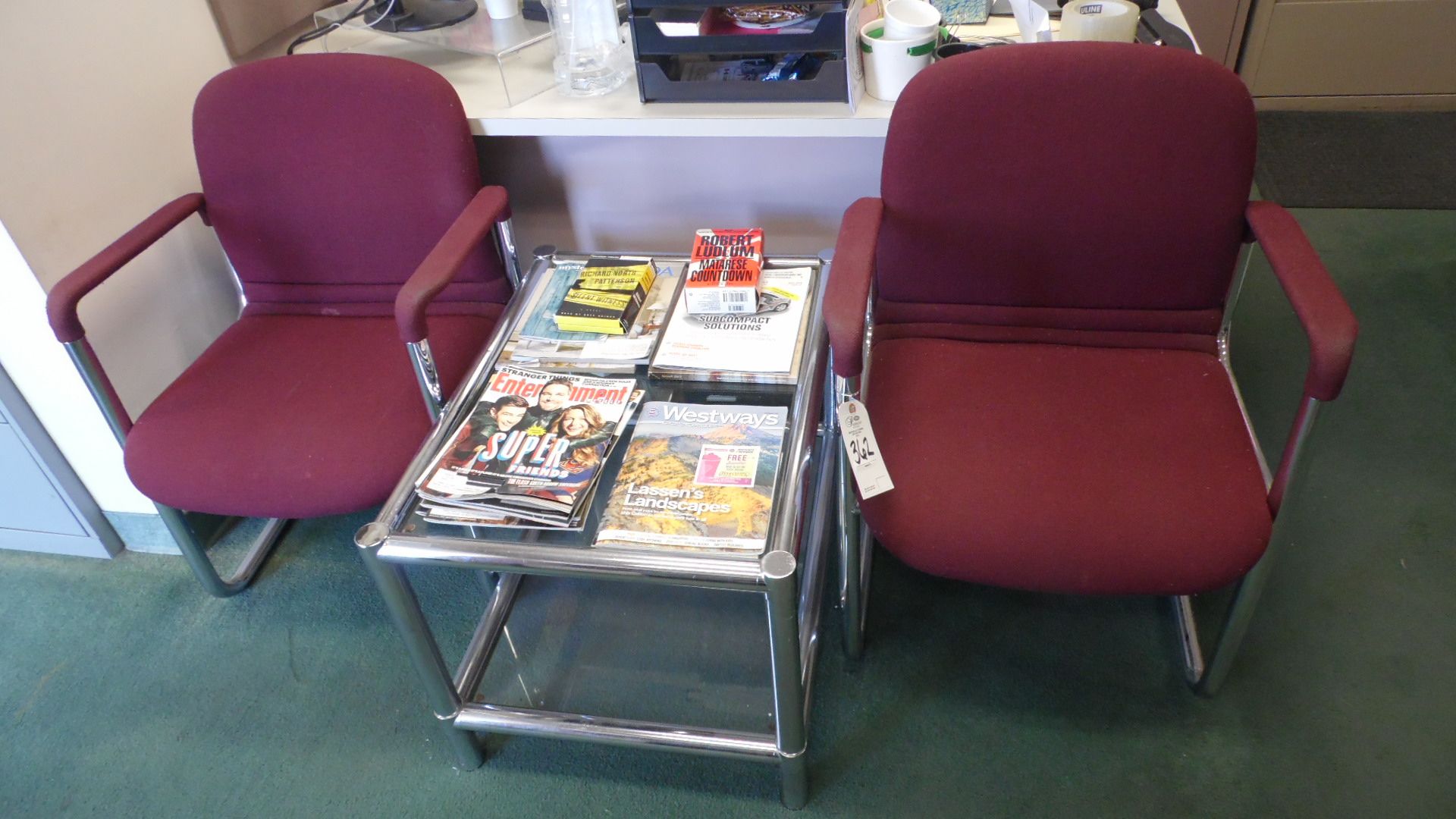 2-BURGUNDY CHAIRS & GLASS TABLE