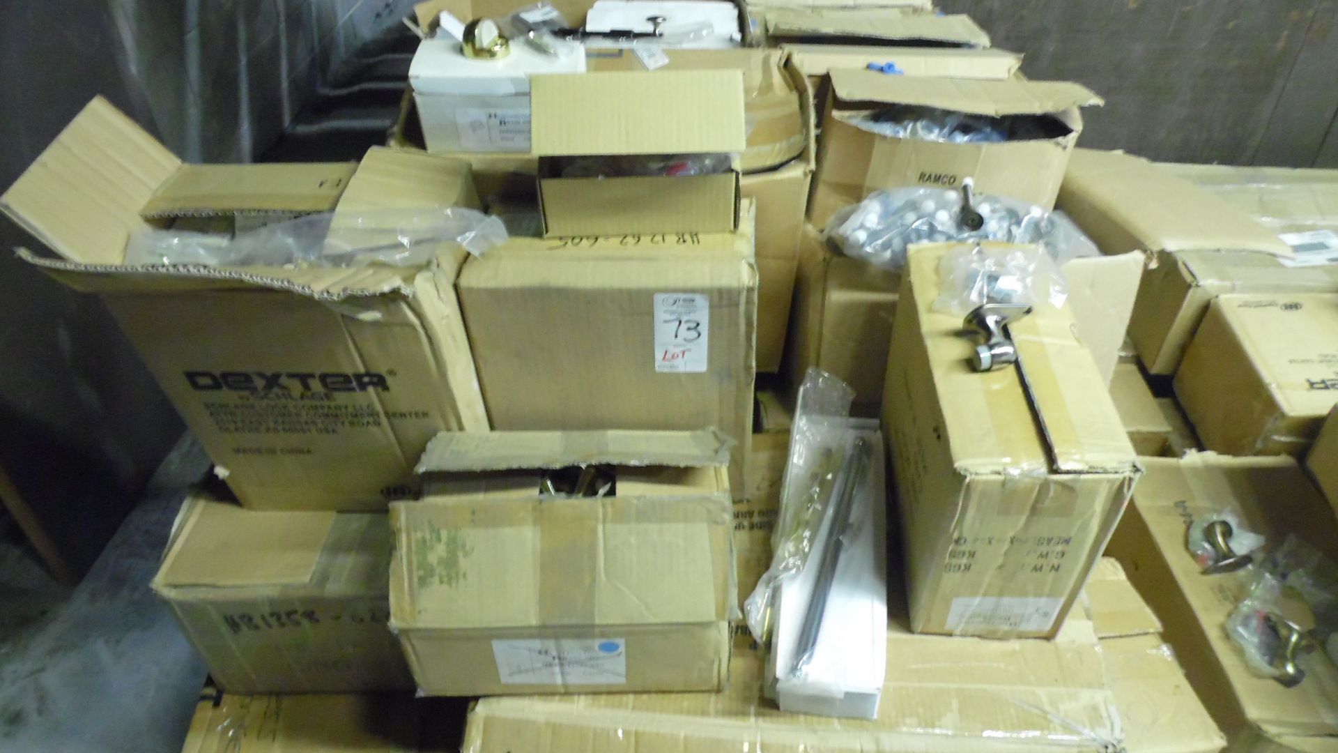 PALLET OF DOOR STOPS, BUMPERS, SURFACE BOLTS