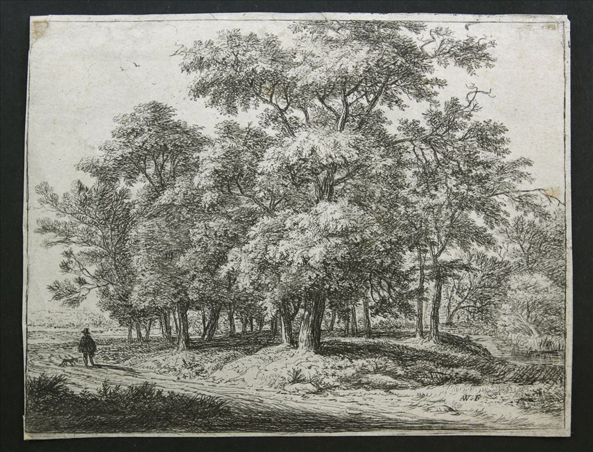 Waterloo, Anthonie ca. 1610-1690 Offene Waldlandschaft mit Jäger und Hund. Radierung beschnitten.