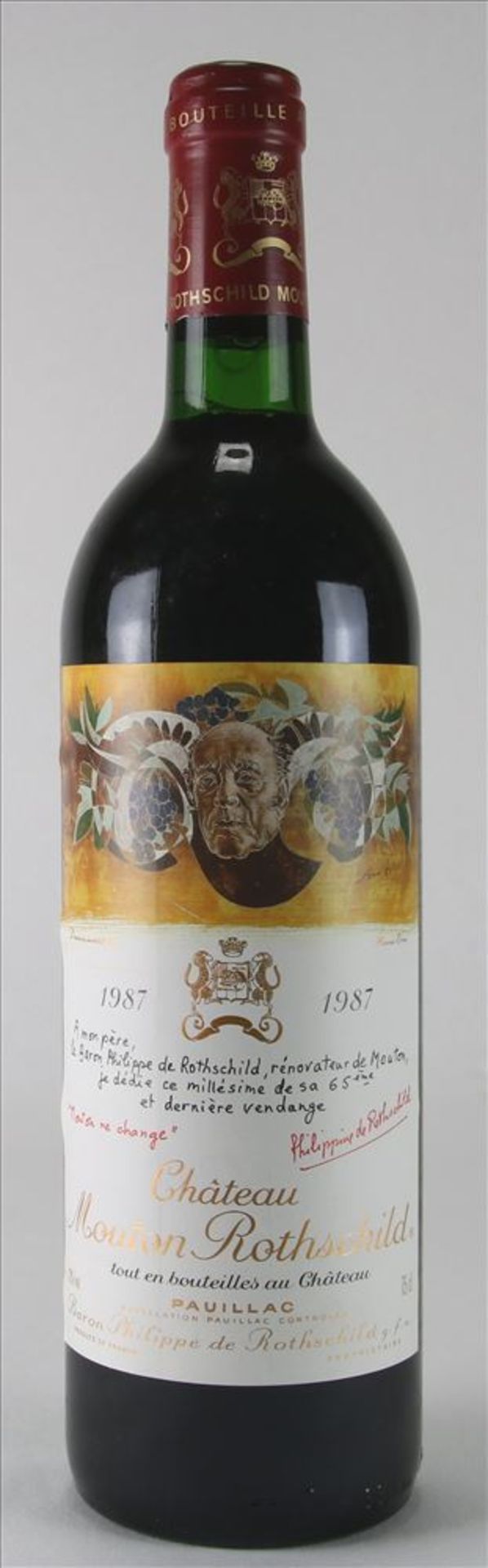 Flasche Chateau Mouton Rothschild 1987 Pauillac, 0,75 Liter mit dem originalen Etikett von Hans Erni