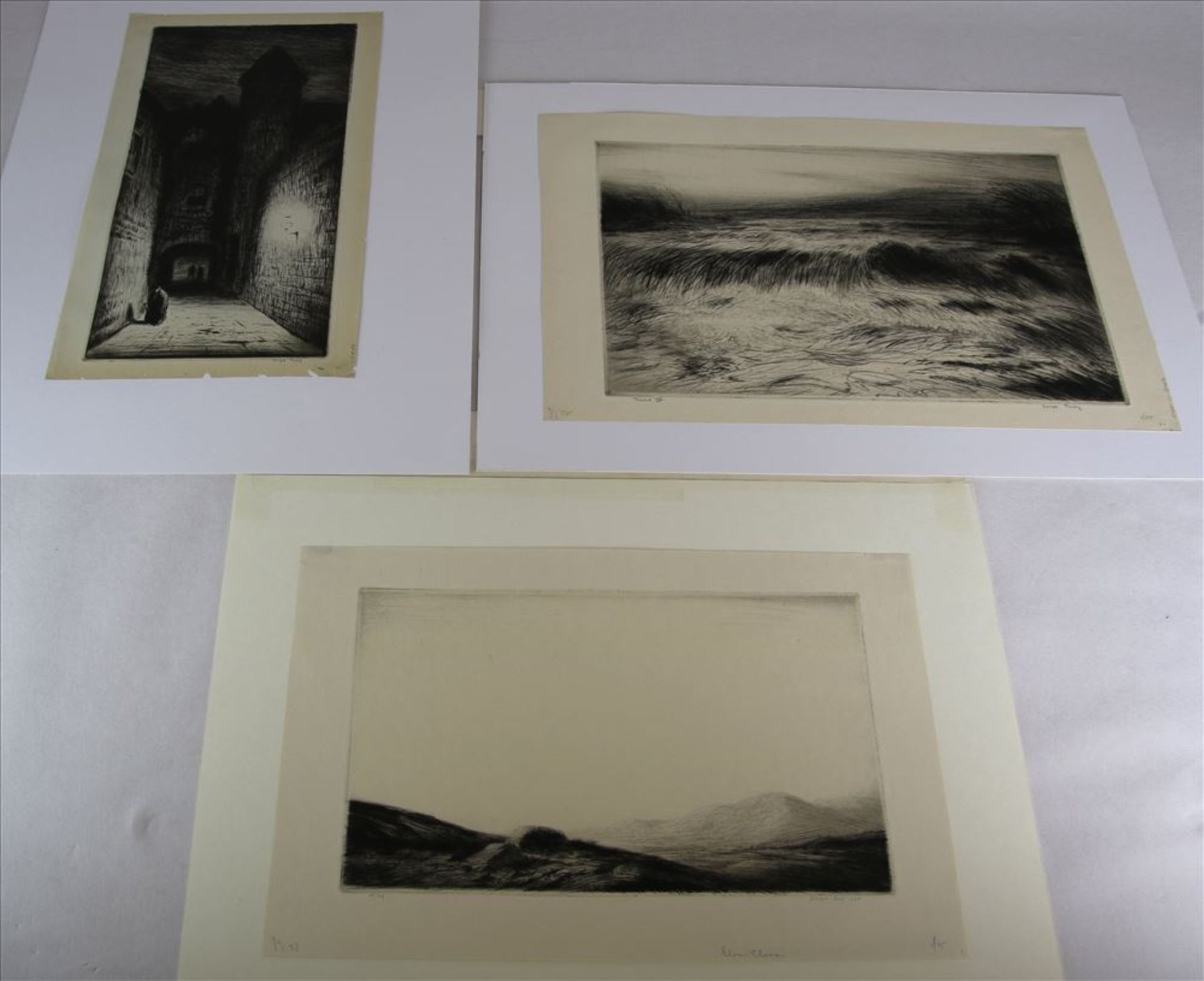 Gray, Joseph 1890 - 1962. Drei Landschaftsdarstellungen. Kaltnadel. Größen ca. 15,5 x 25, 28 x 14