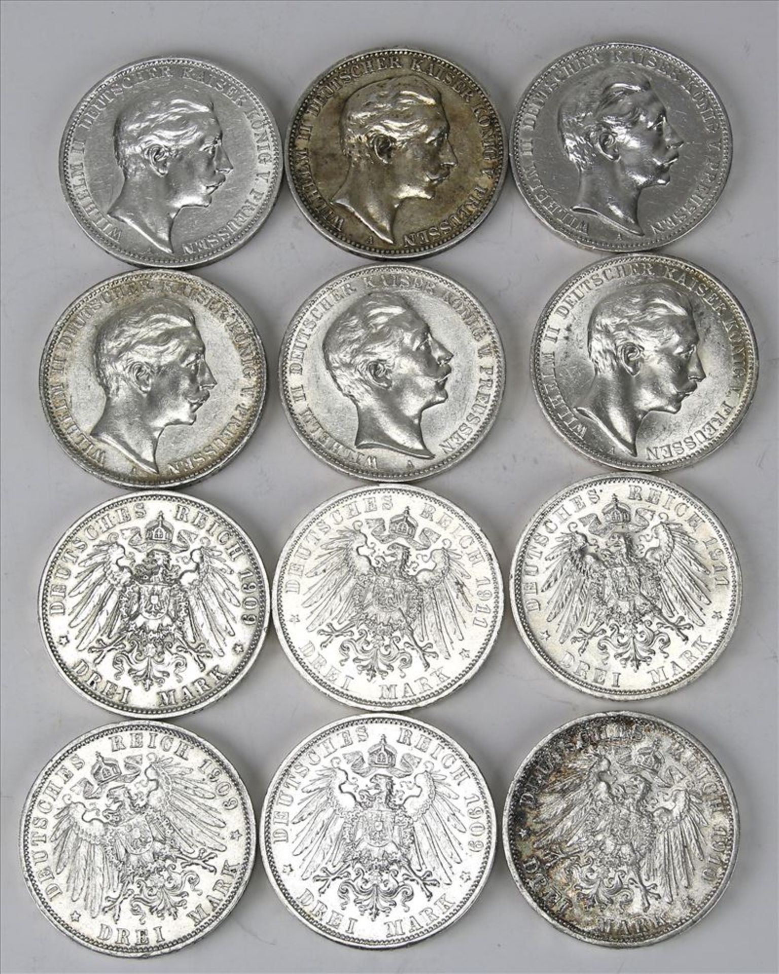 12 Münzen 3 Mark Deutsches Reich 1909 - 1912. Wilhelm II, deutscher Kaiser, König von Preussen.