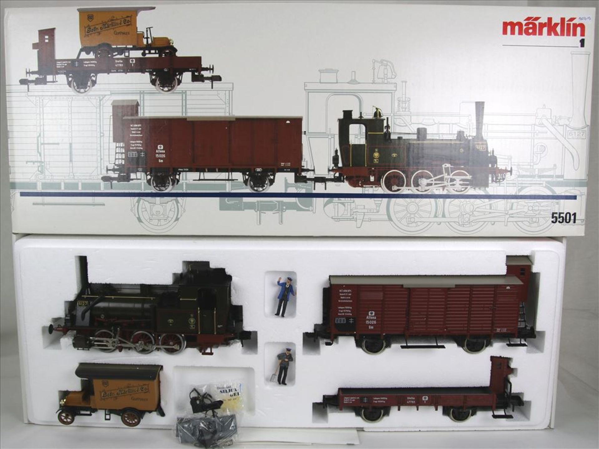 Zugpackung Märklin Spur 1. 5501 digital. T3 der KPEV mit zwei Güterwagen und Oldtimer, Sehr guter