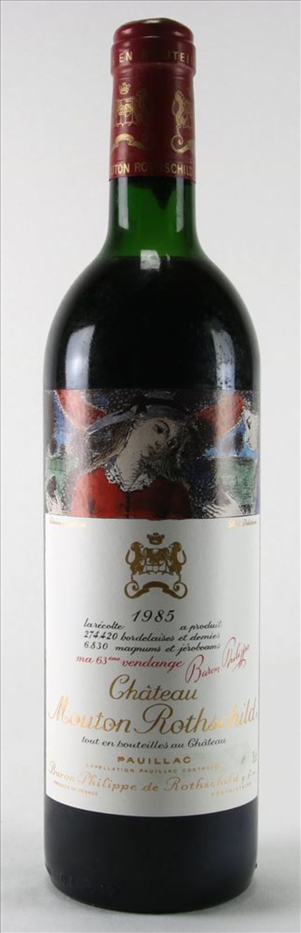 Flasche Chateau Mouton Rothschild 1985 Pauillac, 0,75 Liter mit dem originalen Etikett von Paul