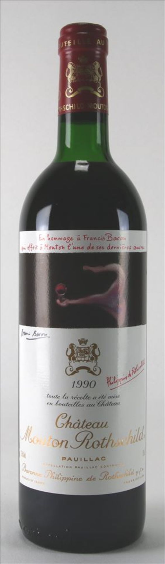 Flasche Chateau Mouton Rothschild 1990 Pauillac, 0,75 Liter mit dem originalen Etikett "Hommage à