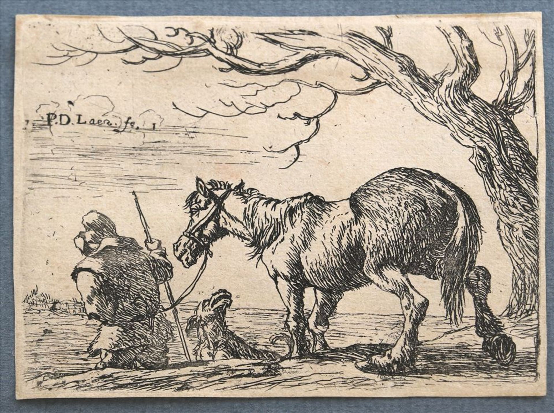 De Laar, Pieter 1613-1674 Pferdeführer mit Kaltblut und Hund. Radierung. Links oben im Druck