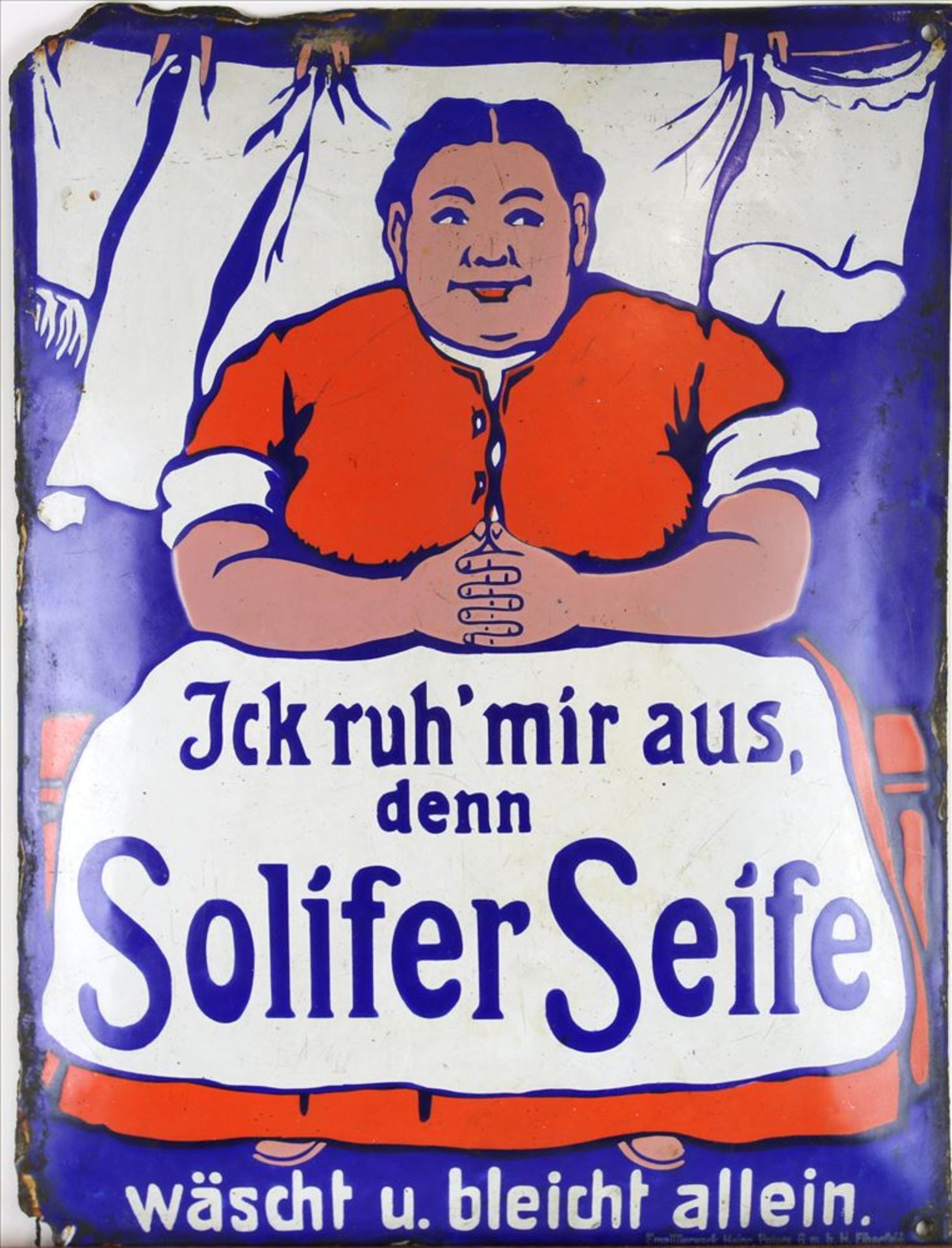 Werbeschild Solifer Seife. Um 1920. Ca. 33 x 24 cm. Guter, altersbedingter Zustand.