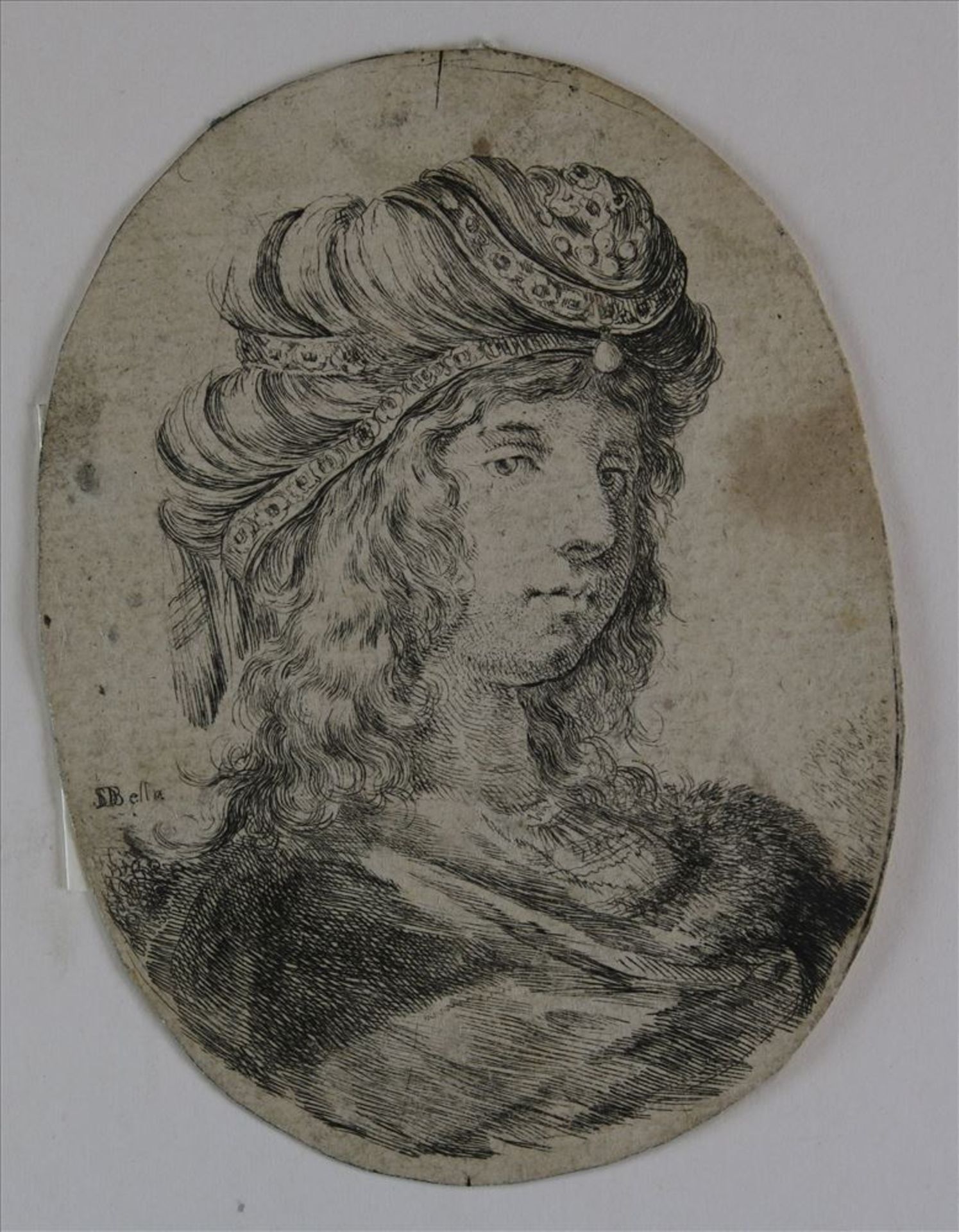 Bella, Stefano della 1610-1664 Portrait mit persischer Frisur. Radierung als Tondo bechnitten. Verso