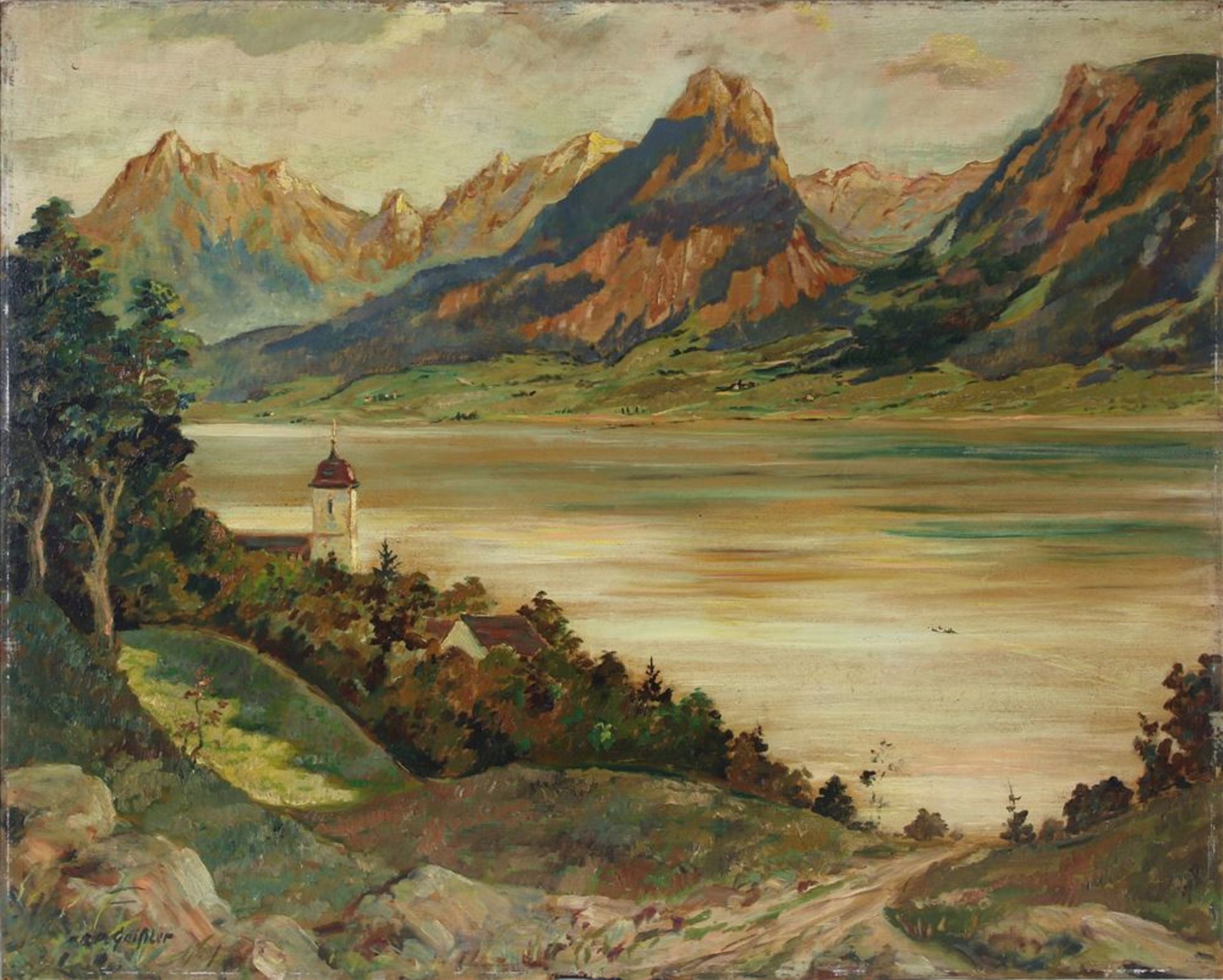 Geißler, Robert Paul 1874 Glauchau - 1954. Blick über einen See vor Gebirgskulisse mit einem kleinen