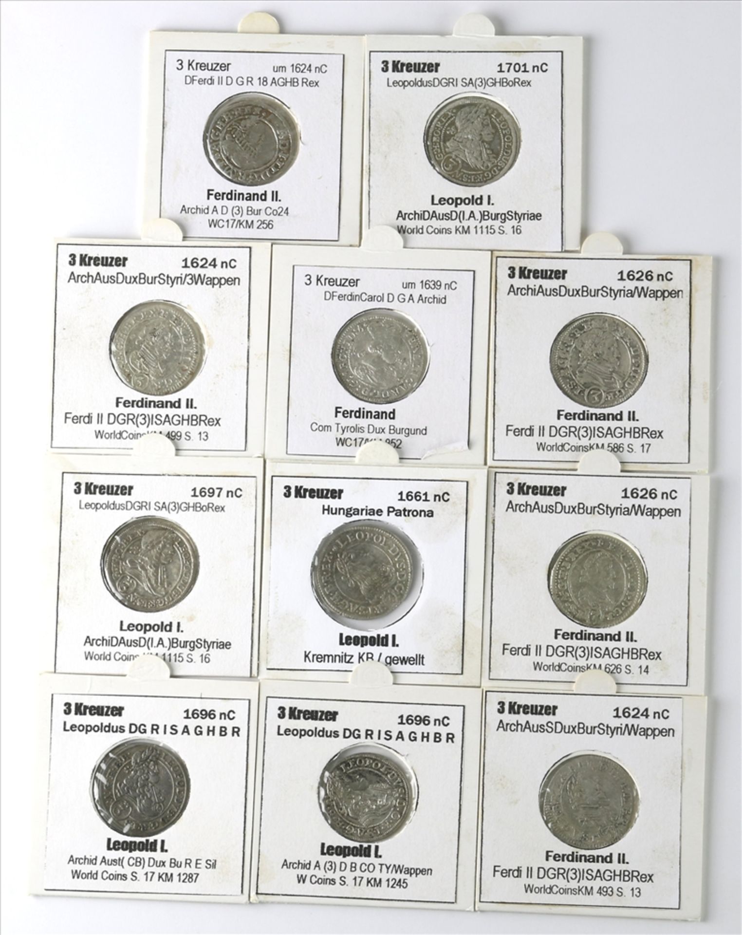 Elf Münzen Österreich Jeweils 3-Kreuzer Stücke. Ferdinand I und II sowie Leopold I. Unterschiedliche