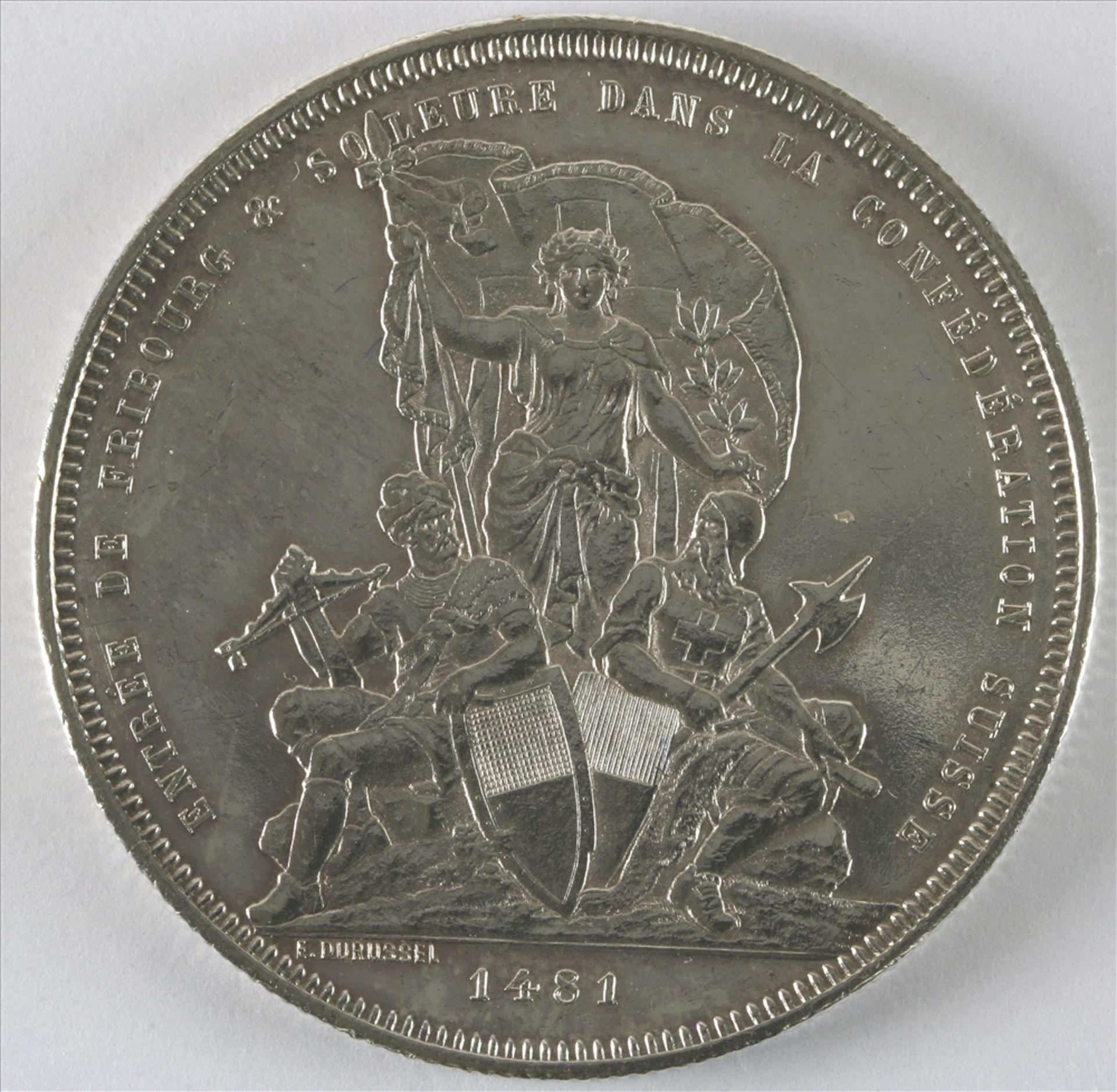 Schützentaler Schweiz, 5 Franken 1881 Fribourg. Durchmesser ca. 37 mm, Gewicht ca. 24,9 Gramm. Guter - Bild 2 aus 2