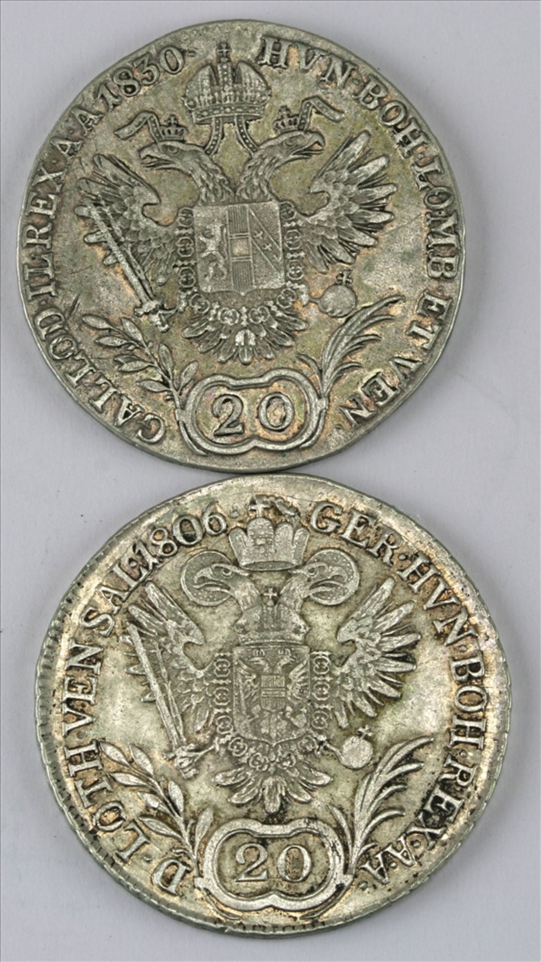 20 Kreuzer Österreich. Franz I und II 1806 bzw. 1830. Durchmesser ca. 27 bzw 28 mm, Gewicht ca. 6, - Bild 2 aus 3