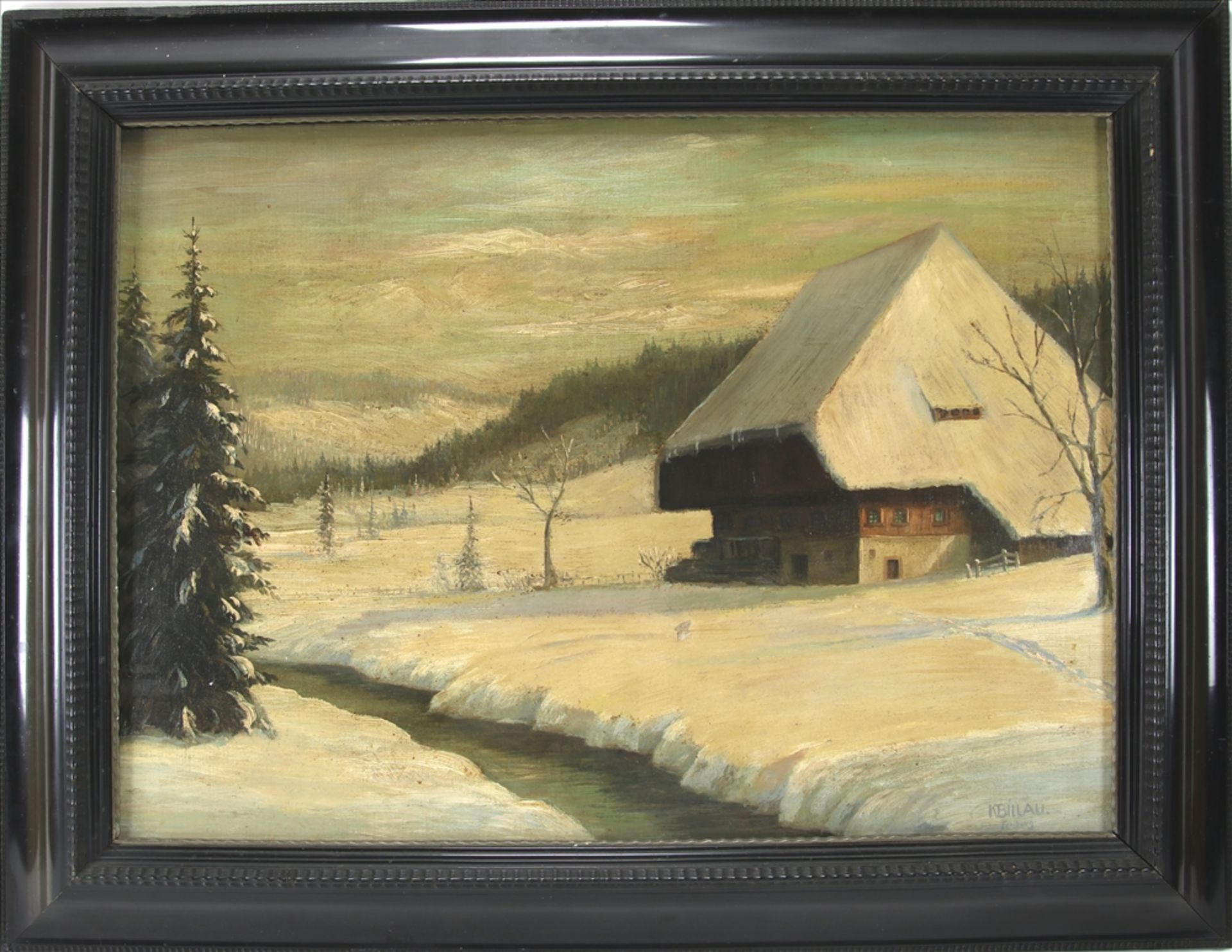 Billau, Karl XIX-XX Schwarzwaldmaler. Winterlandschaft mit Schwazwaldbauernhof an Bachlauf. Öl auf - Bild 2 aus 4