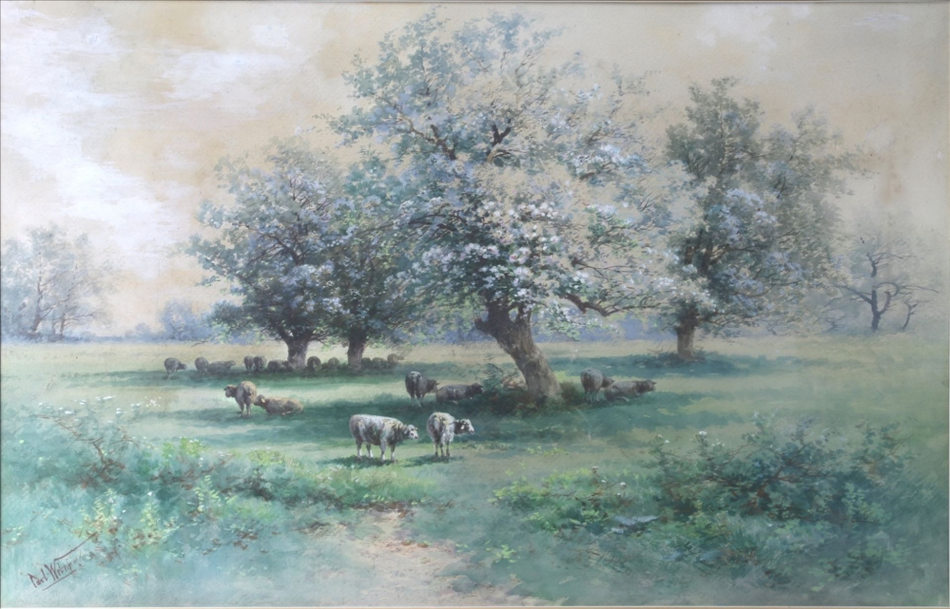 Weber, Carl 1850 Philadephia - Ambler 1921. Frühlingslandschaft mit blühenden Bäumen und Schafen. - Bild 2 aus 4