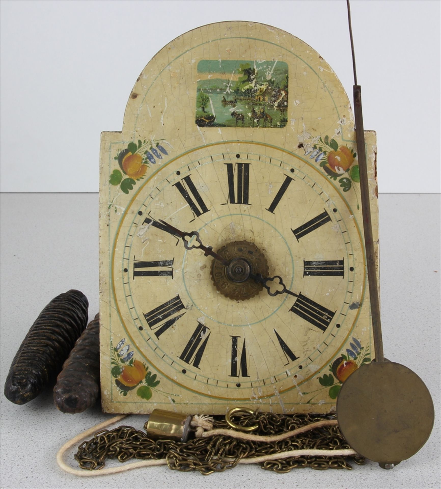 Schilderuhr Schwarzwald um 1900. Uhr mit Hinterpendel und Ankergang. Messingräderwerk und