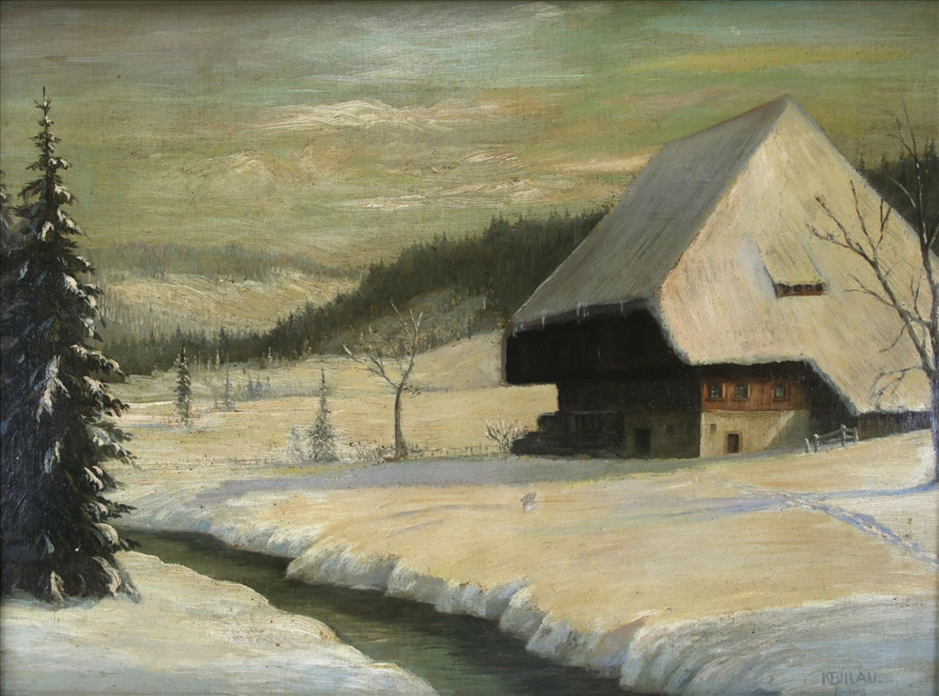 Billau, Karl XIX-XX Schwarzwaldmaler. Winterlandschaft mit Schwazwaldbauernhof an Bachlauf. Öl auf