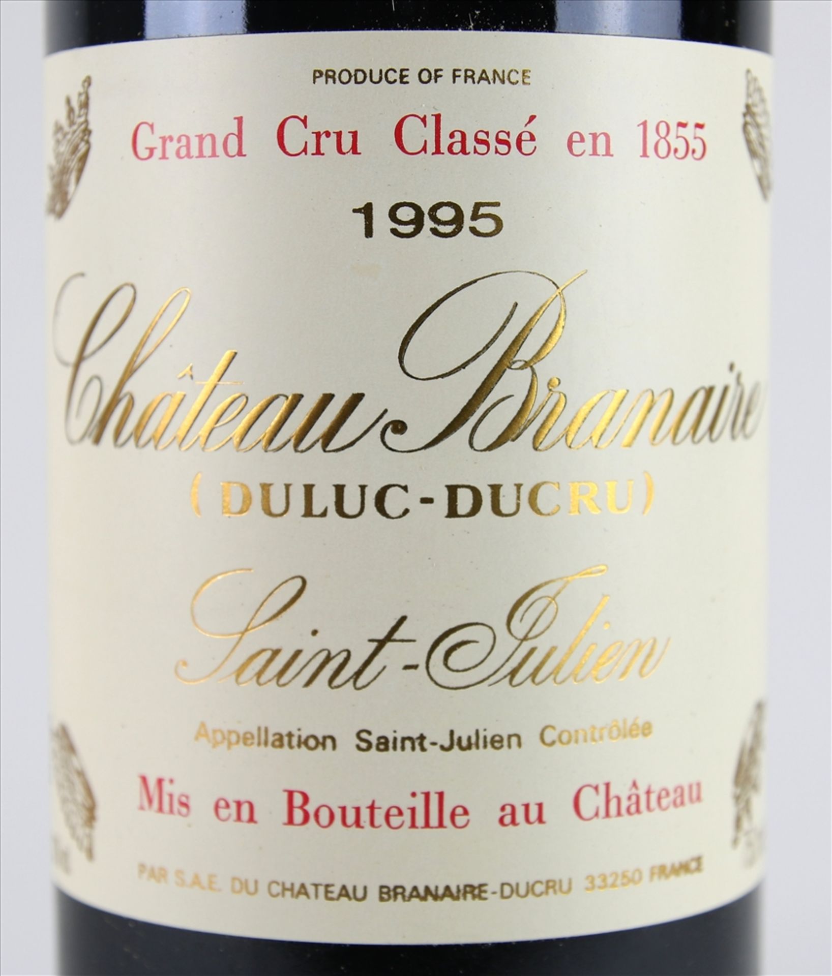 Flasche Chateau Branaire 1995 Saint-Julien. Grand Cru classé. 0,75 Liter. Füllstand Mitte Hals, - Bild 2 aus 2