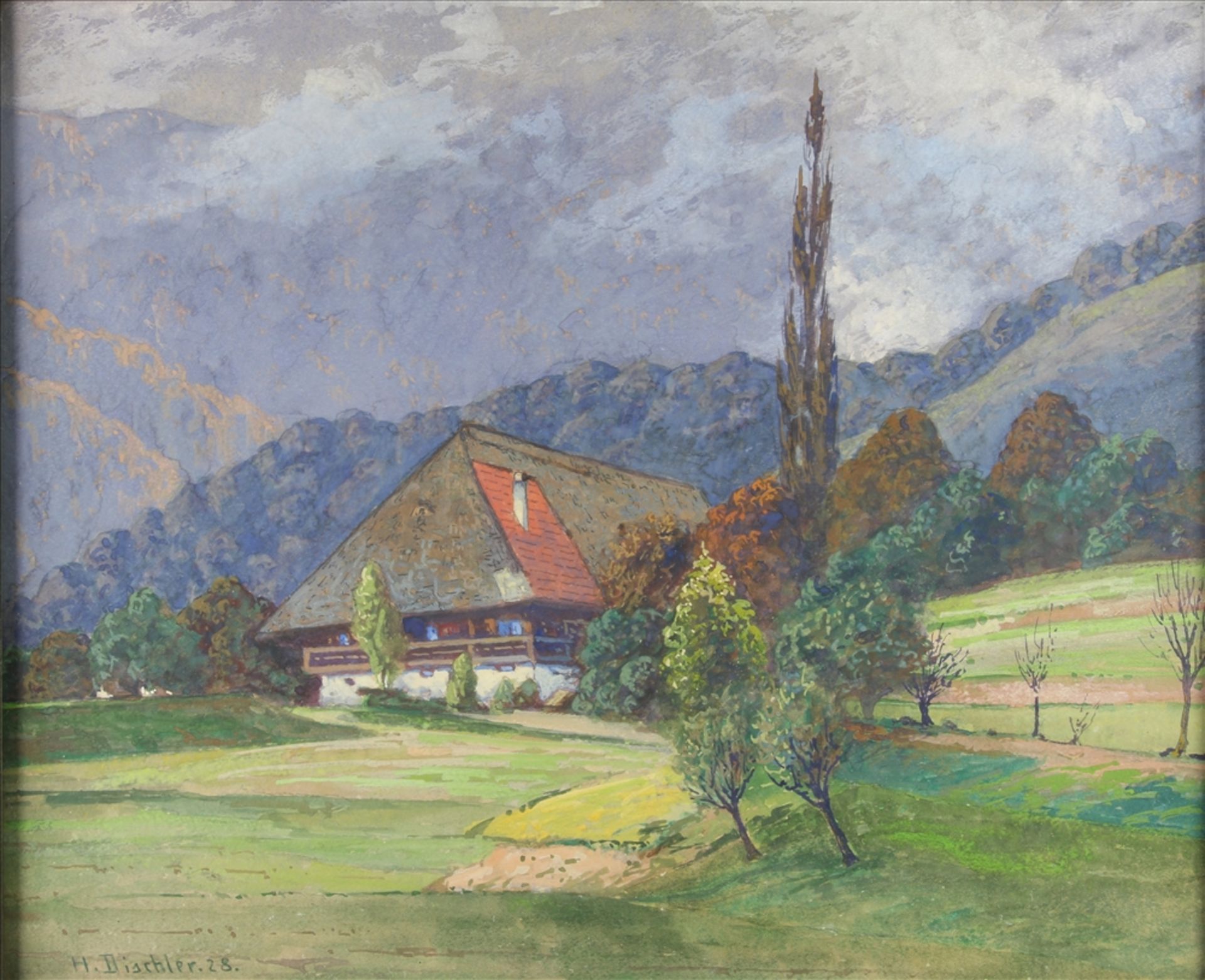 Dischler, Hermann 1866-1935 Blick auf den Kappbläsihof im oberen Glottertal. Tempera auf Papier.