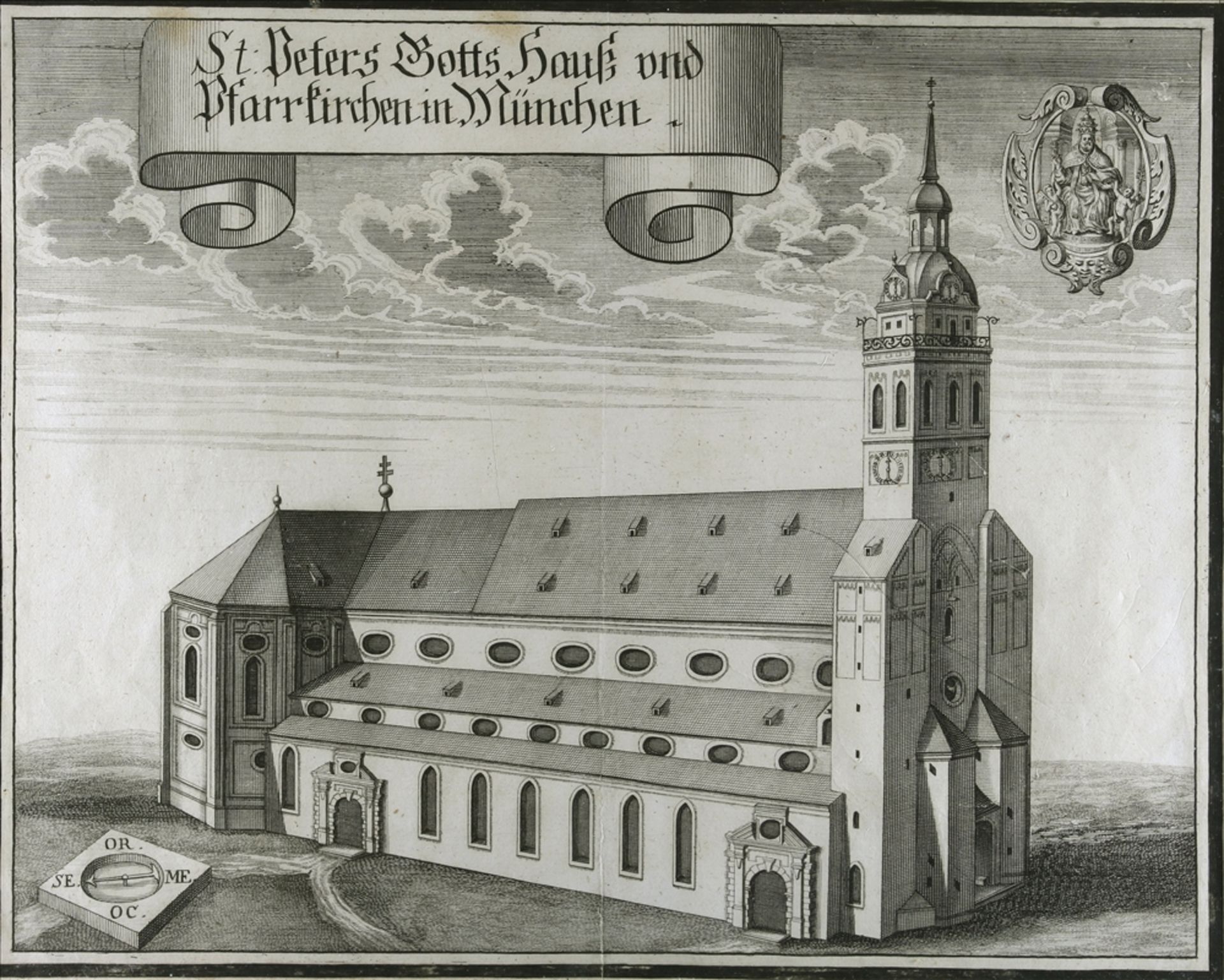 Wenig, Michael 1645 - 1718 St. Peters Gotts Haus und Pfarrkirchen in München. Kupferstich aus