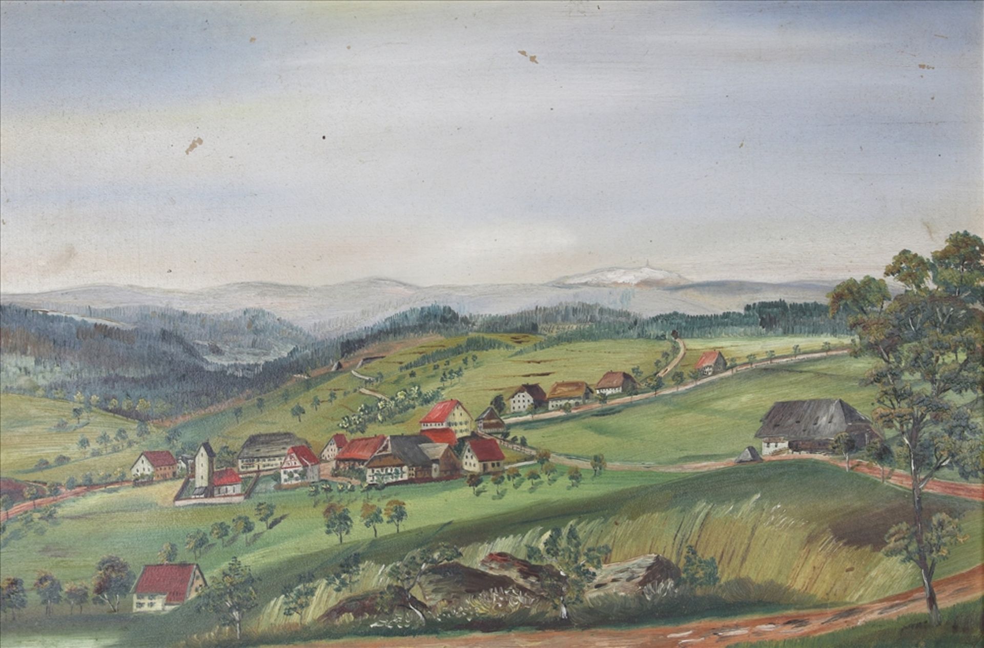 Schwarzwaldlandschaft Um 1900. Blick auf den schneebedeckten Feldberg von Breitnau ? aus. Öl auf