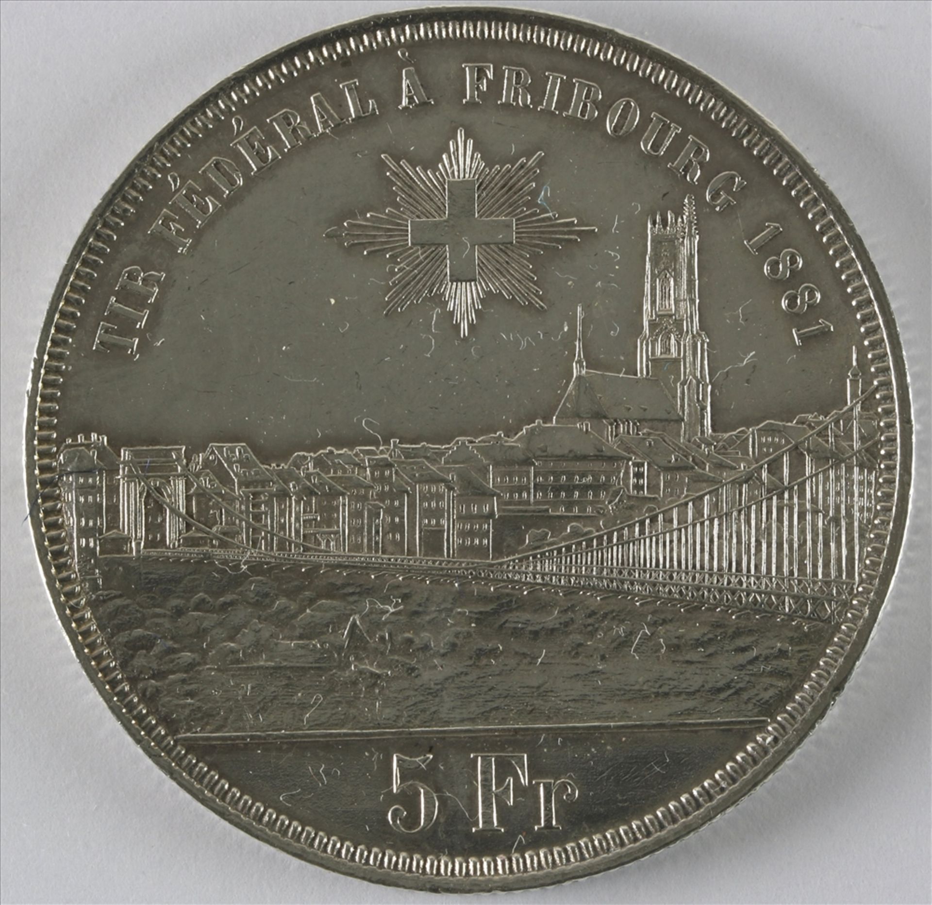Schützentaler Schweiz, 5 Franken 1881 Fribourg. Durchmesser ca. 37 mm, Gewicht ca. 24,9 Gramm. Guter