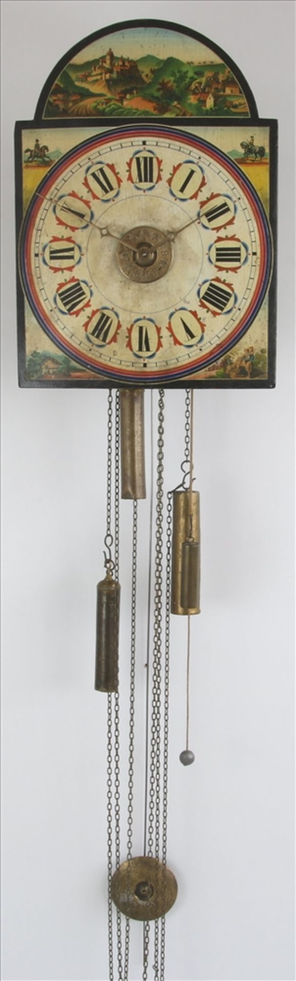 Schilderuhr mit Wecker 19. Jh. Mit Burgansichten und Militärs bemaltes Holzschild und - Bild 2 aus 5