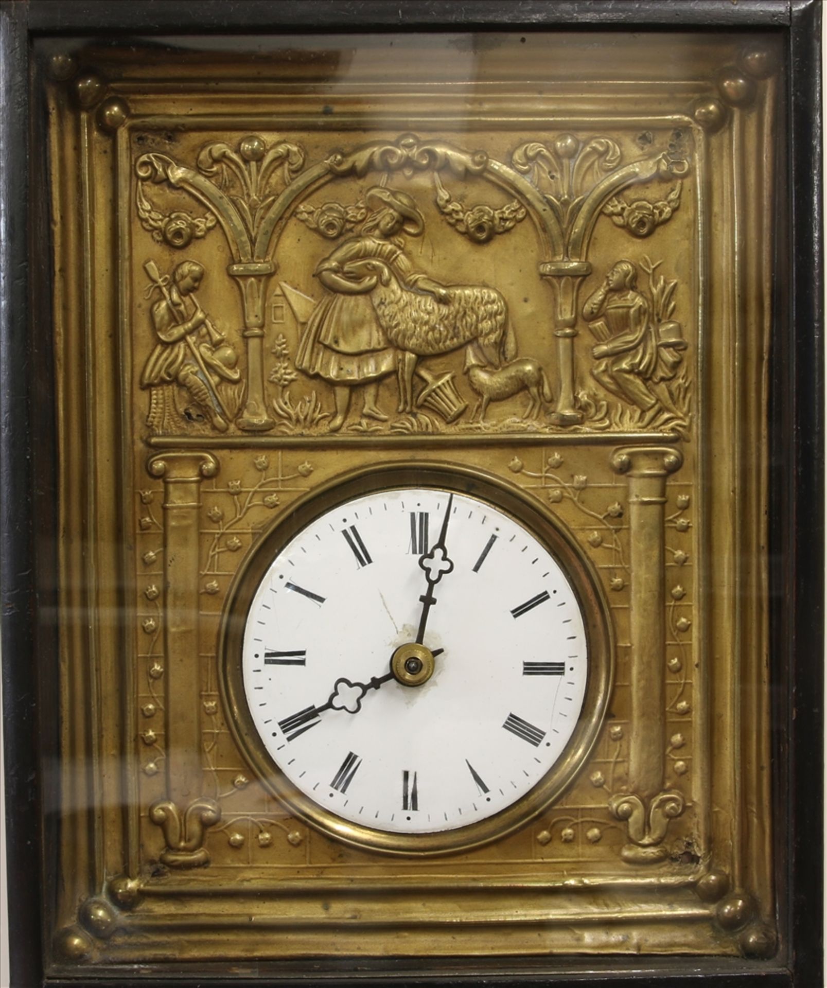 Biedermeier Rahmenuhr 19. Jh. Holzgehäuse mit Glasrahmen und geprägtes Messingschild mit - Bild 4 aus 7