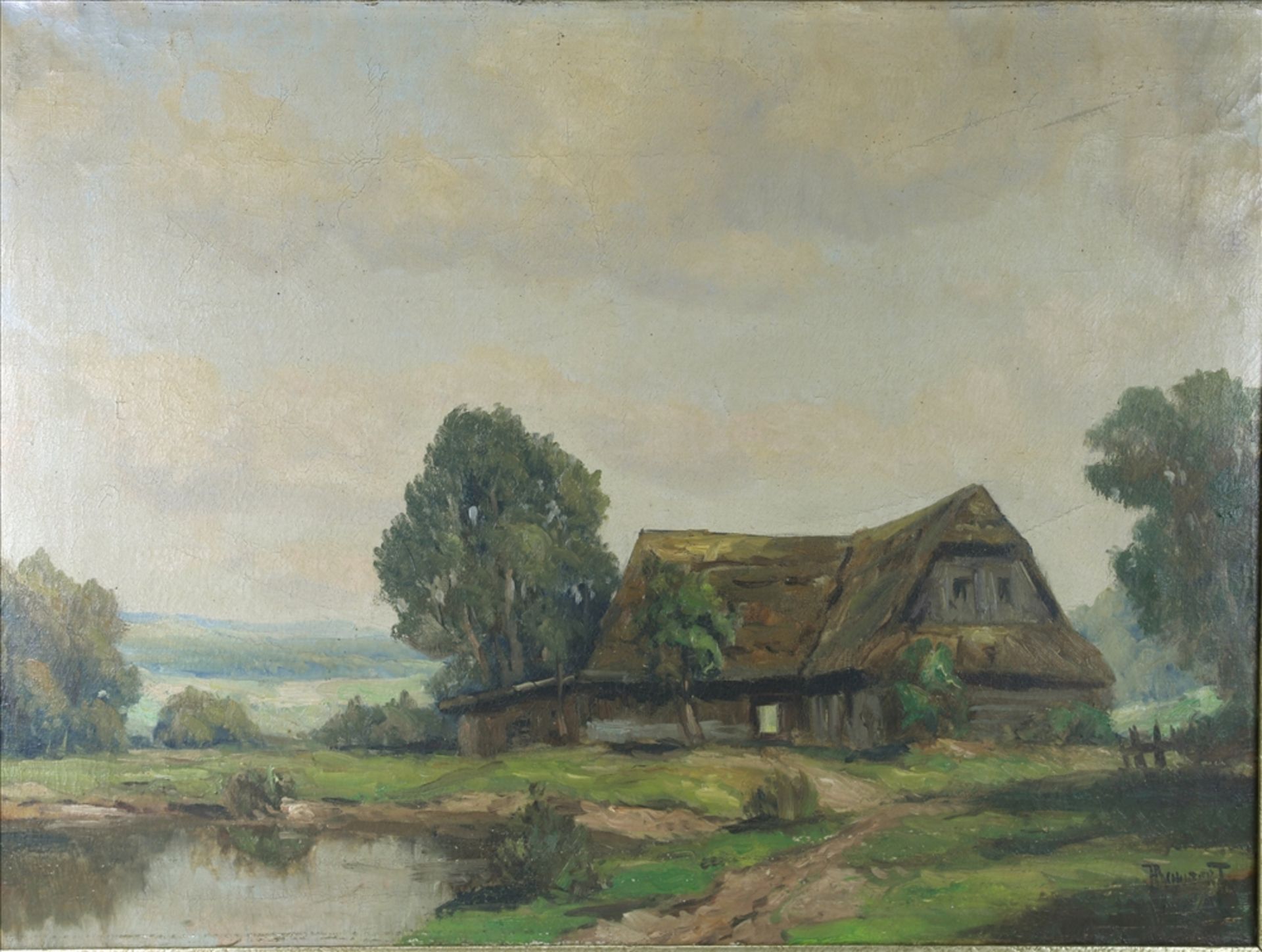 Schubert, H. Norddeutscher Maler um 1900. Bauernkate mit Löschteich in leicht hügeliger - Image 2 of 4