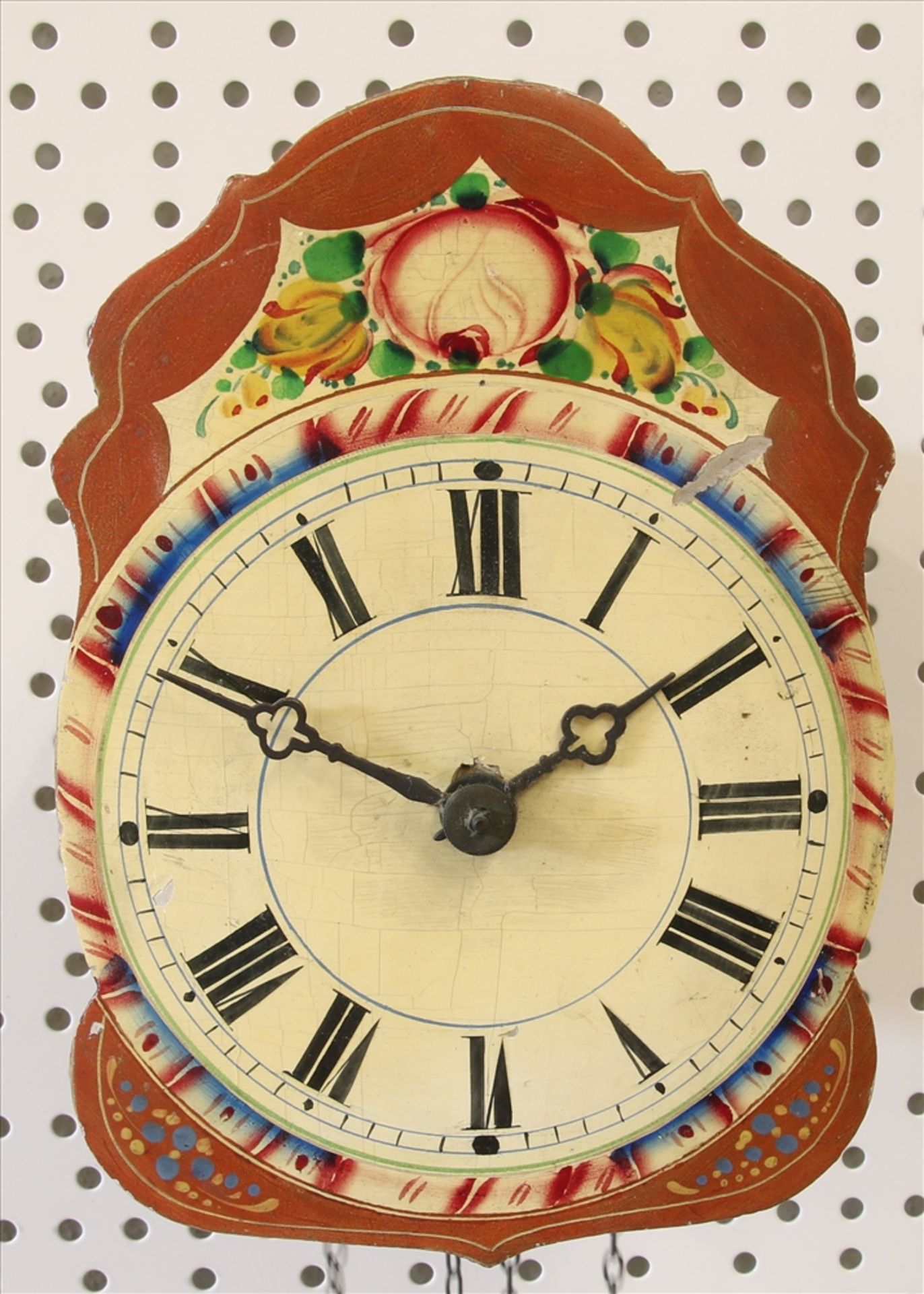 Barockschilderuhr Wohl 18. Jh. Floral bemaltes Holzschild und Messingräderwerk mit Ankergang. Schlag - Bild 4 aus 6