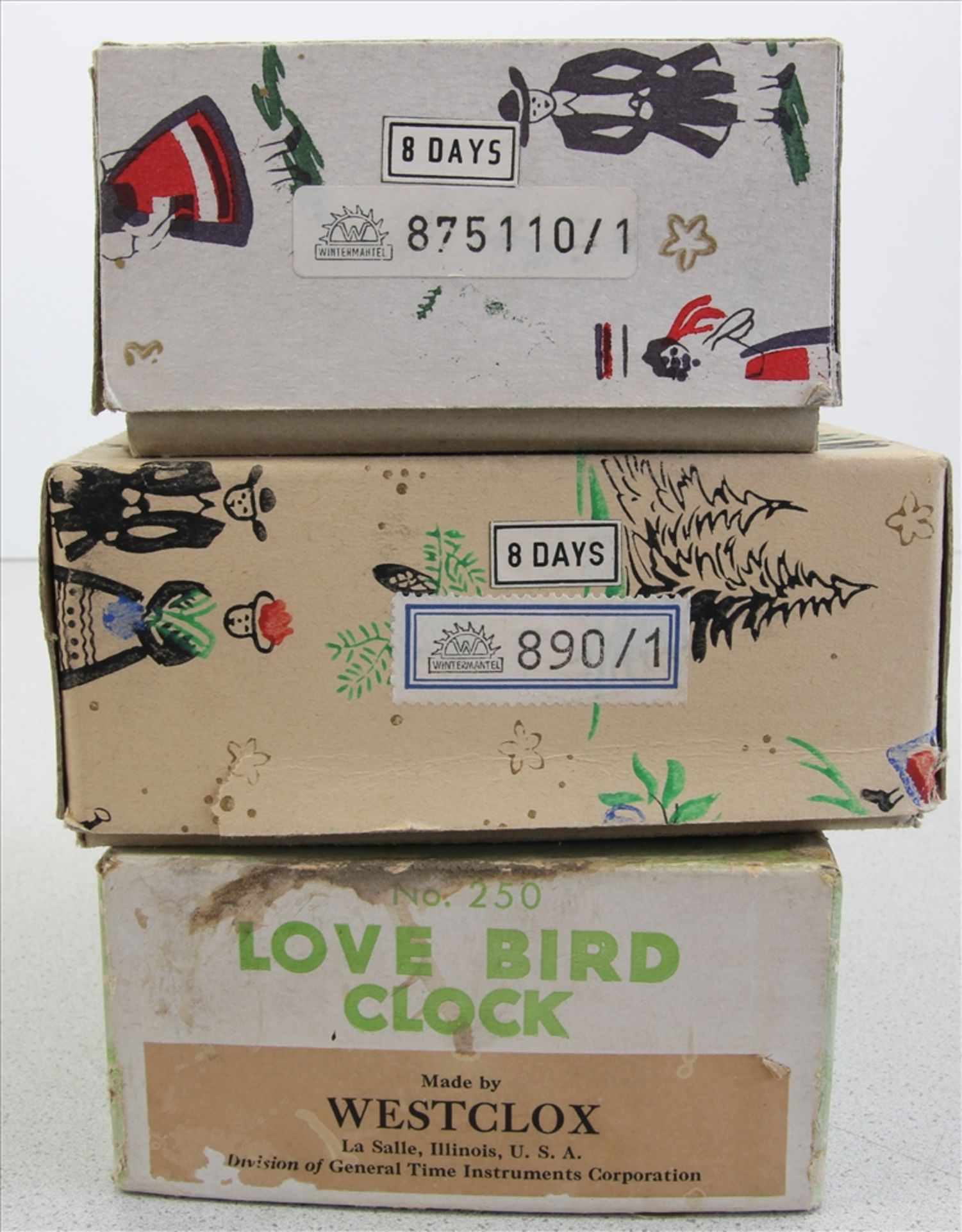 Drei Andenkenuhren Wintermantel und Love Bird Clock von Westclox USA. Jeweils in OVP. Nicht - Bild 3 aus 3