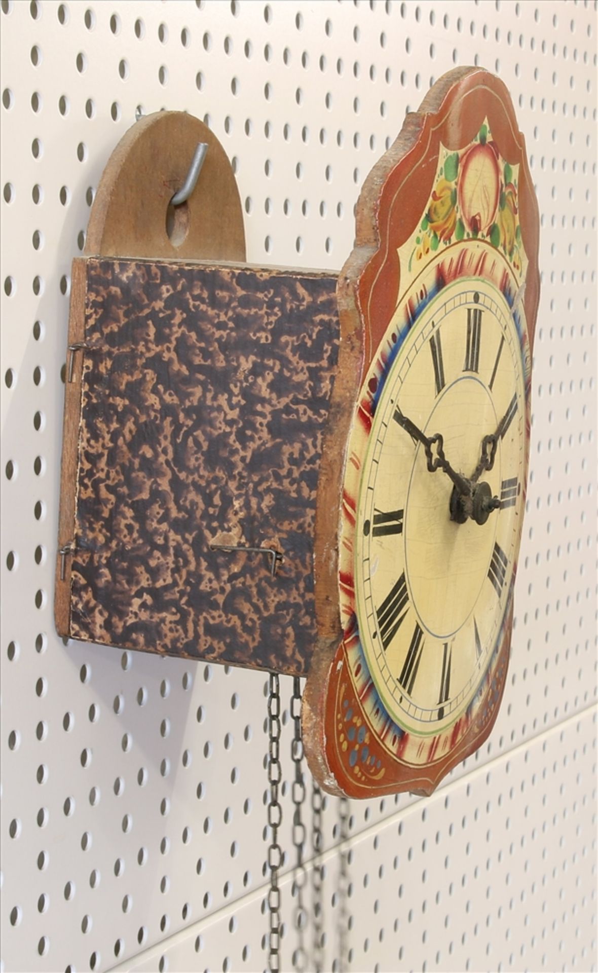 Barockschilderuhr Wohl 18. Jh. Floral bemaltes Holzschild und Messingräderwerk mit Ankergang. Schlag - Bild 6 aus 6