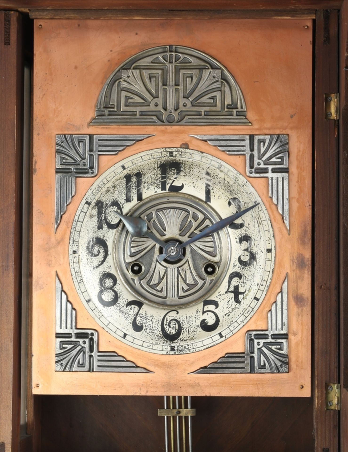 Jugendstil Freischwinger Holzgehäuse mit Metallzifferblatt hinter Glas. Pendulenwerk mit Schlag - Bild 2 aus 4