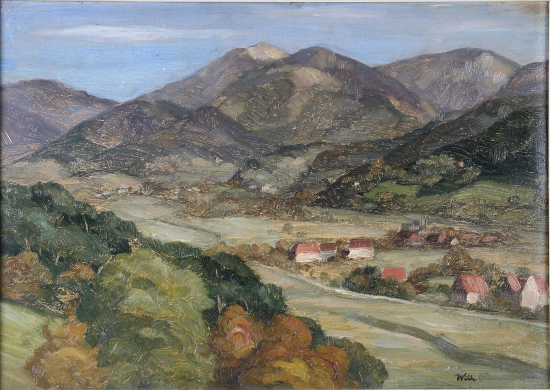 Hanemann, Wilhelm 1880 - 1962. Freiburger Maler. Blick in ein Schwarzwaldtal. Öl auf Platte. Unten