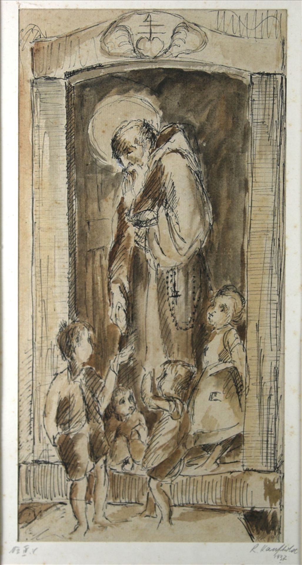Kaufhold, Rudolf XX. Jh. Heiliger mit Kindern, Tusche aquarelliert. Unten rechts signiert und