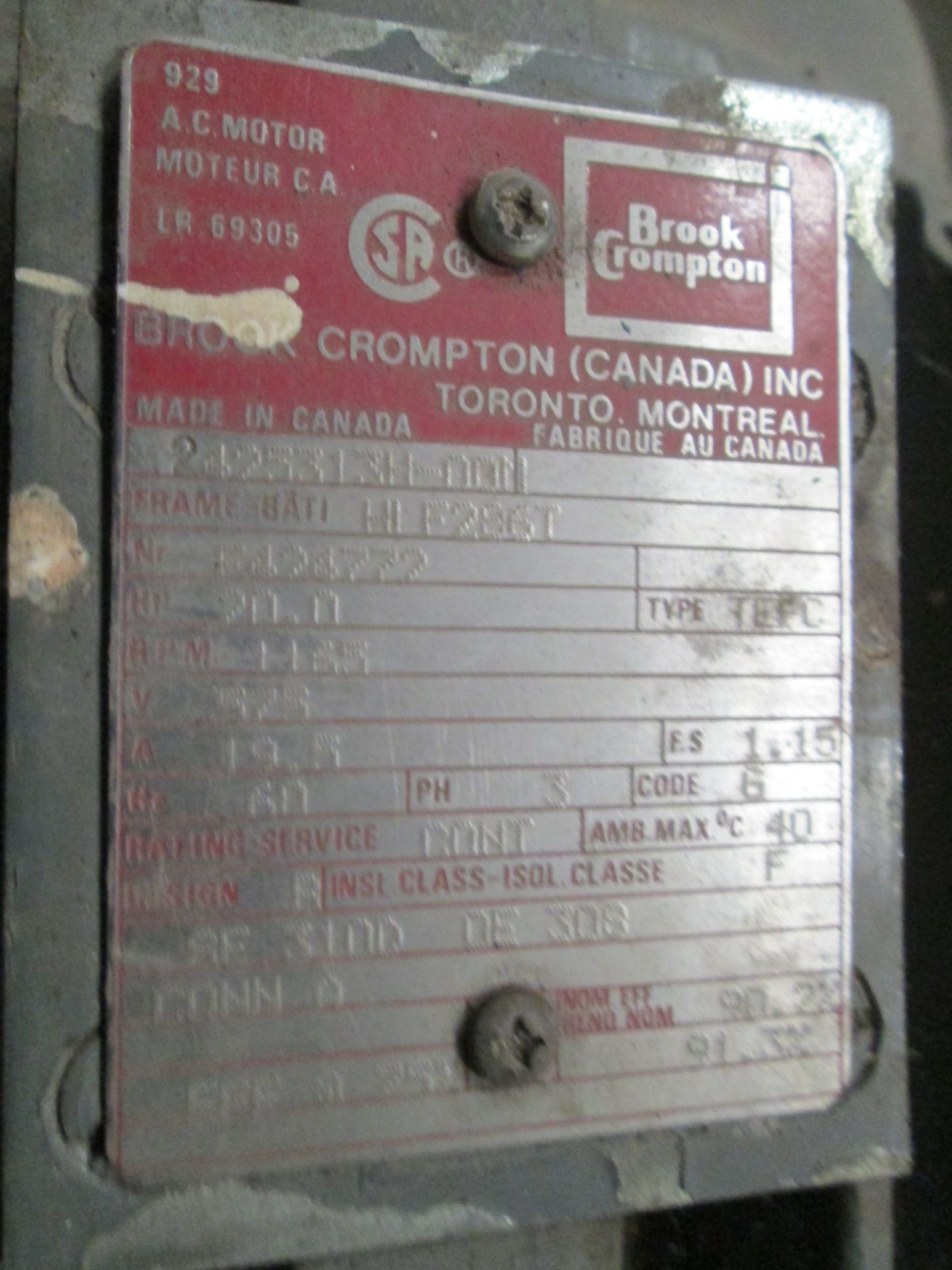20 HP Brook Compton Electric Motor Frame F286T - RPM: 1165 - Image 4 of 5
