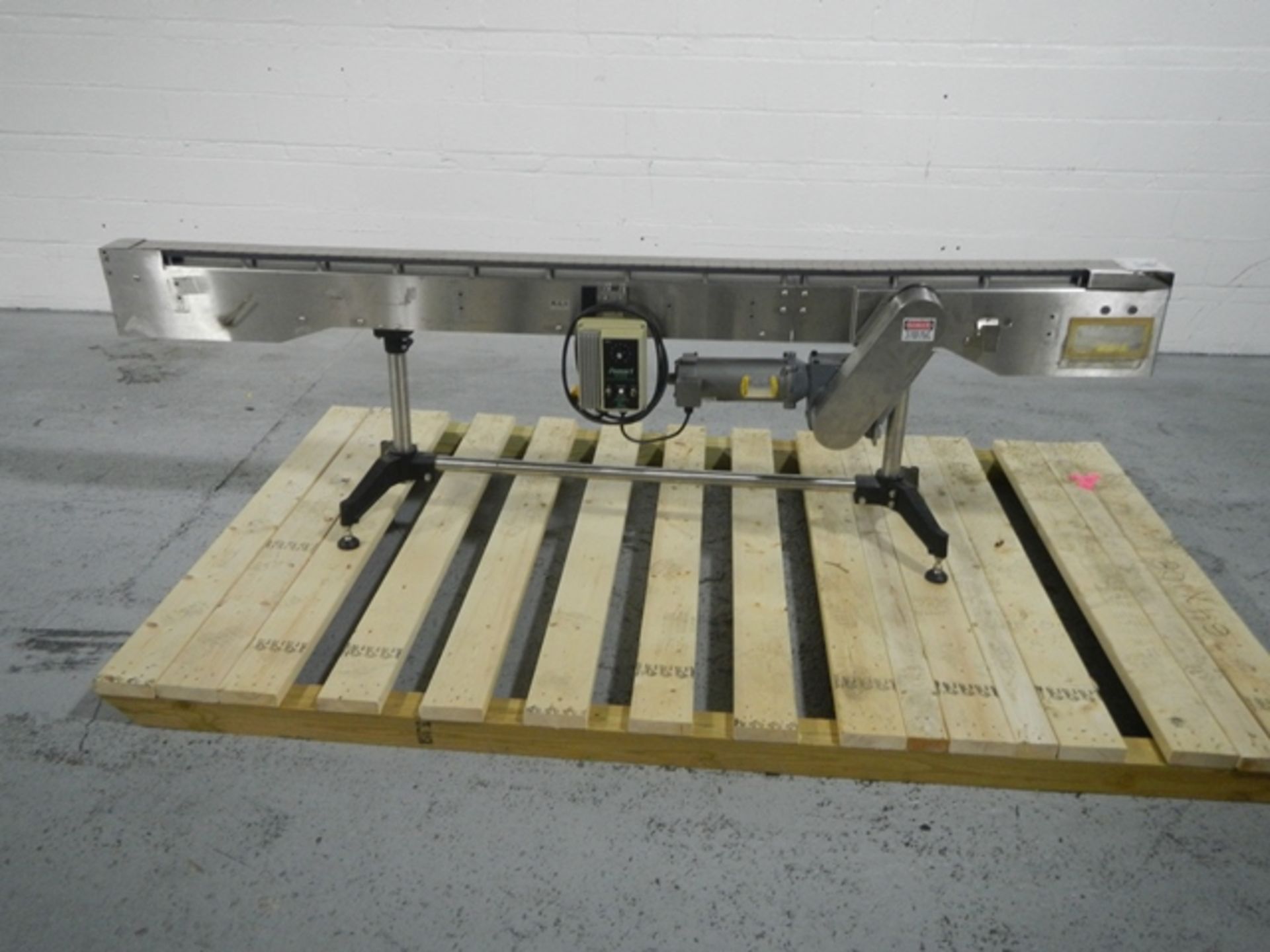 3" wide x 100" long slat conveyor, on stand with .25 hp, dc motor with controller. - Image 2 of 9