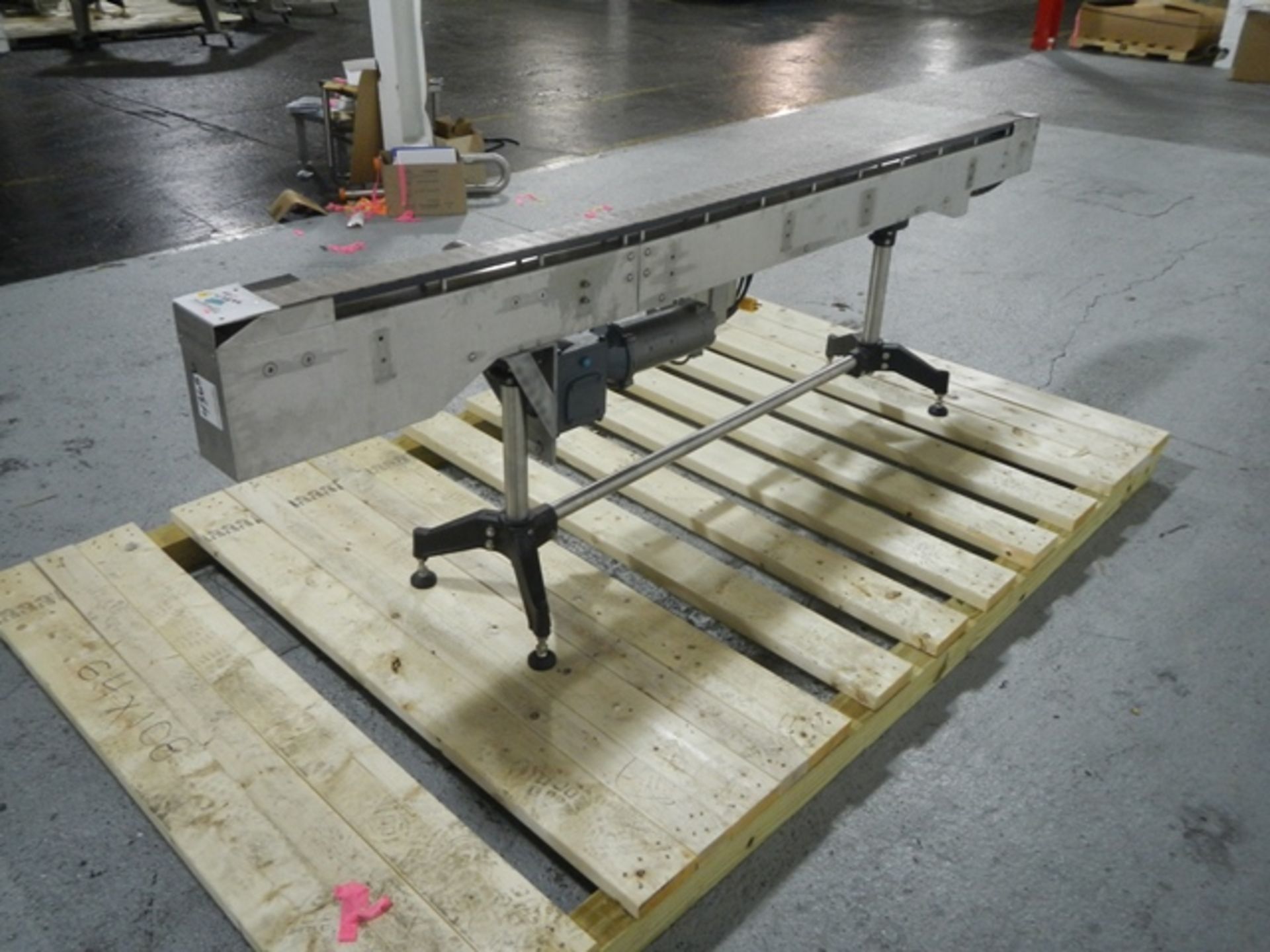 3" wide x 100" long slat conveyor, on stand with .25 hp, dc motor with controller. - Image 4 of 9